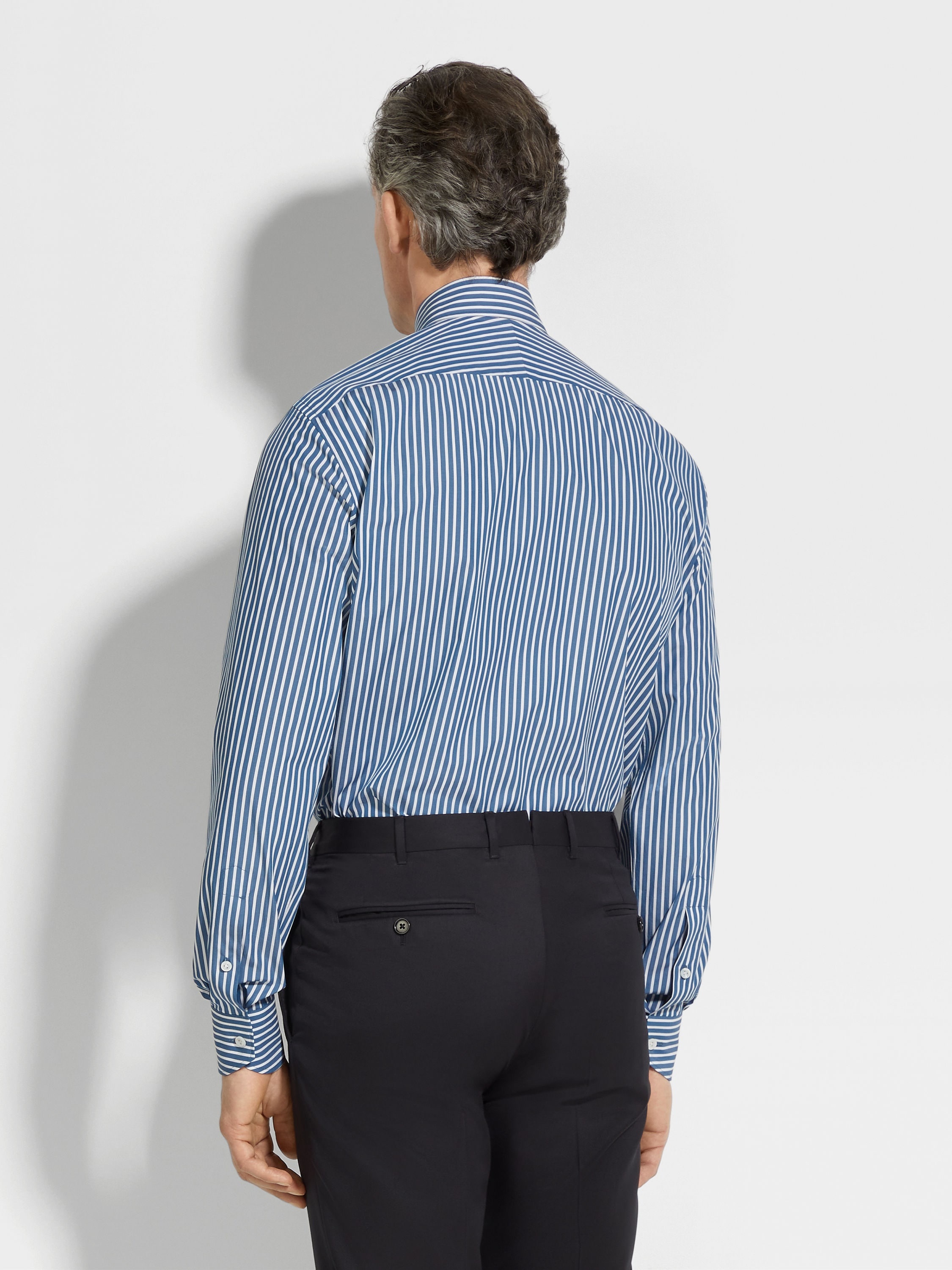 DARK TEAL BLUE AND WHITE MACRO-STRIPED CENTOVENTIMILA COTTON SHIRT - 4