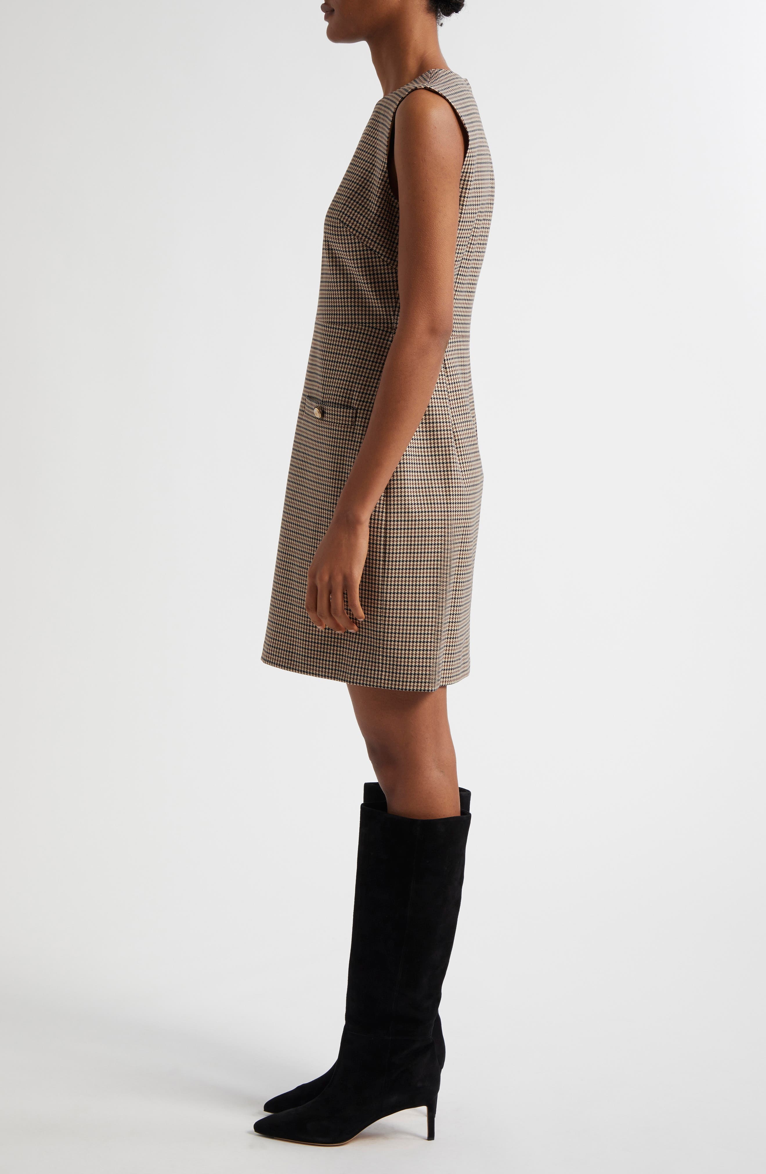 Veronica Beard Yumi Houndstooth Check Sleeveless Minidress in Sand Black at Nordstrom - 3
