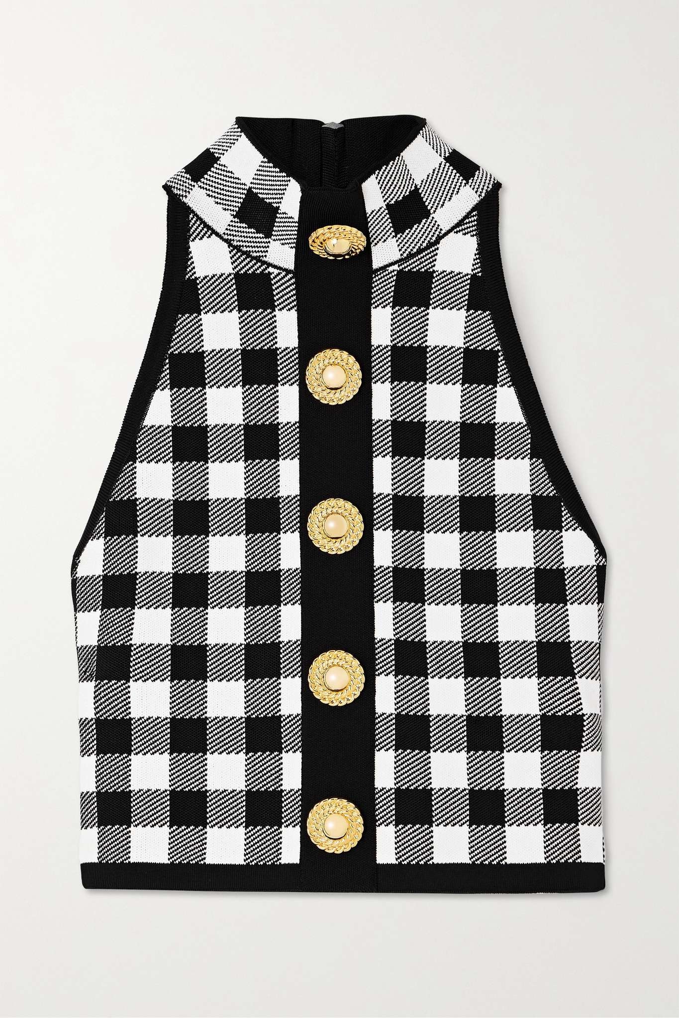 Cropped button-embellished gingham knitted top - 1