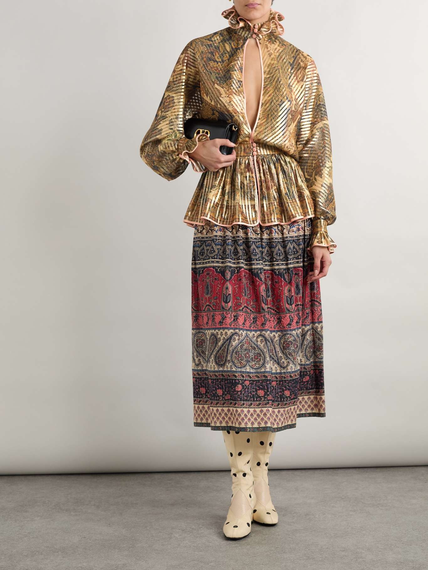 Satin-trimmed cutout ruffled metallic printed silk-blend chiffon blouse Beige - 2
