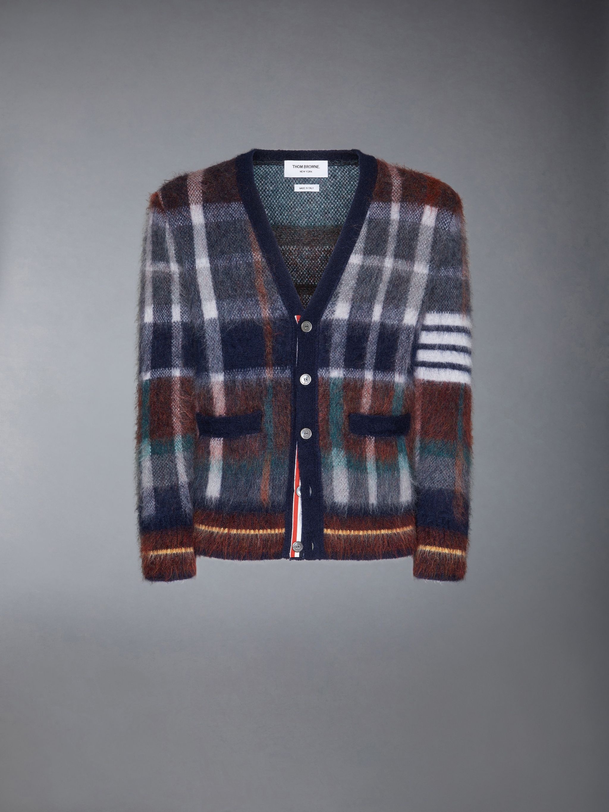 Brushed Mohair Gingham Hector Tartan Check Jacquard 4-Bar Cardigan - 7