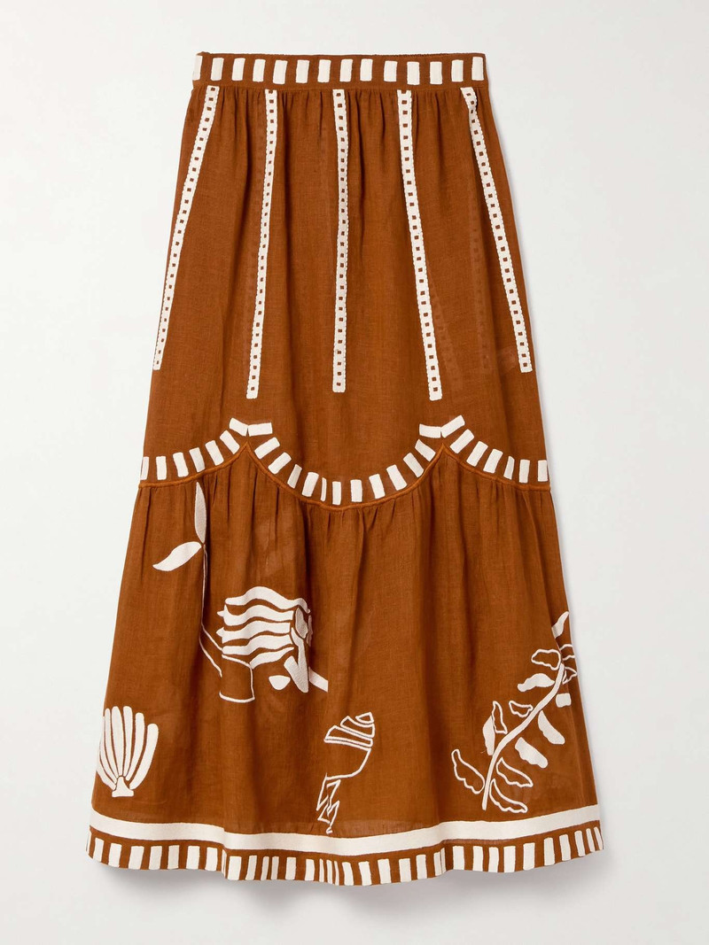 Mermaid Starfish tiered embroidered linen maxi skirt Brown - 1