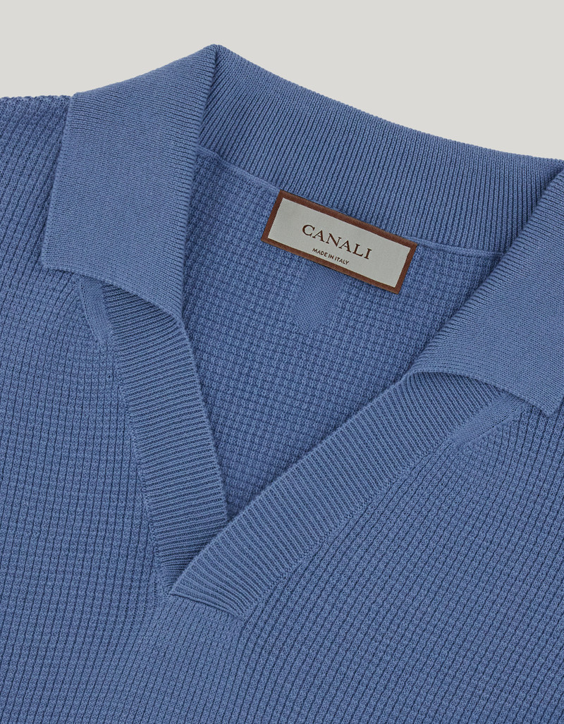 AIR FORCE BLUE OPEN-COLLAR SHORT-SLEEVED POLO SHIRT WITH SHAVED SLEEVES IN COTTON SILK 5