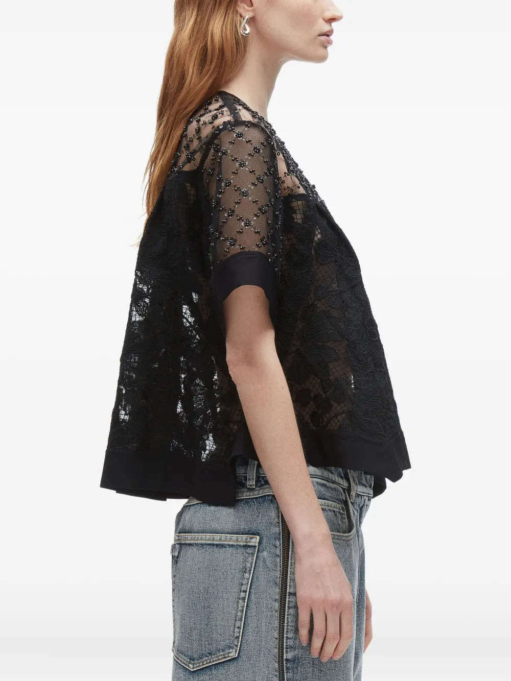 Corded Lace Organza Short Sleeve Flounce Top - 4