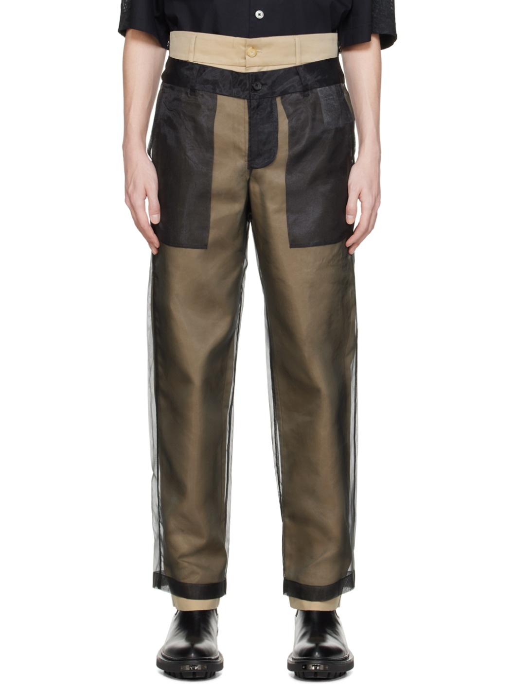 Black & Beige Layered Trousers - 1