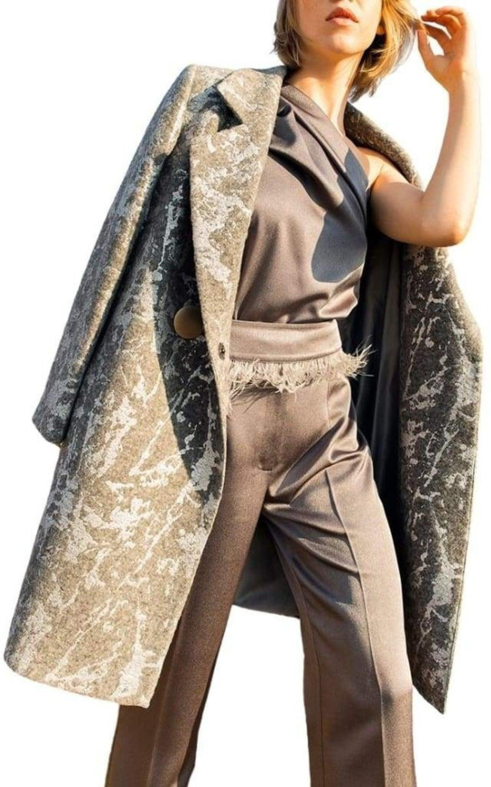 Cult Moda - Silver Print Wool Blend Trench Coat - 2
