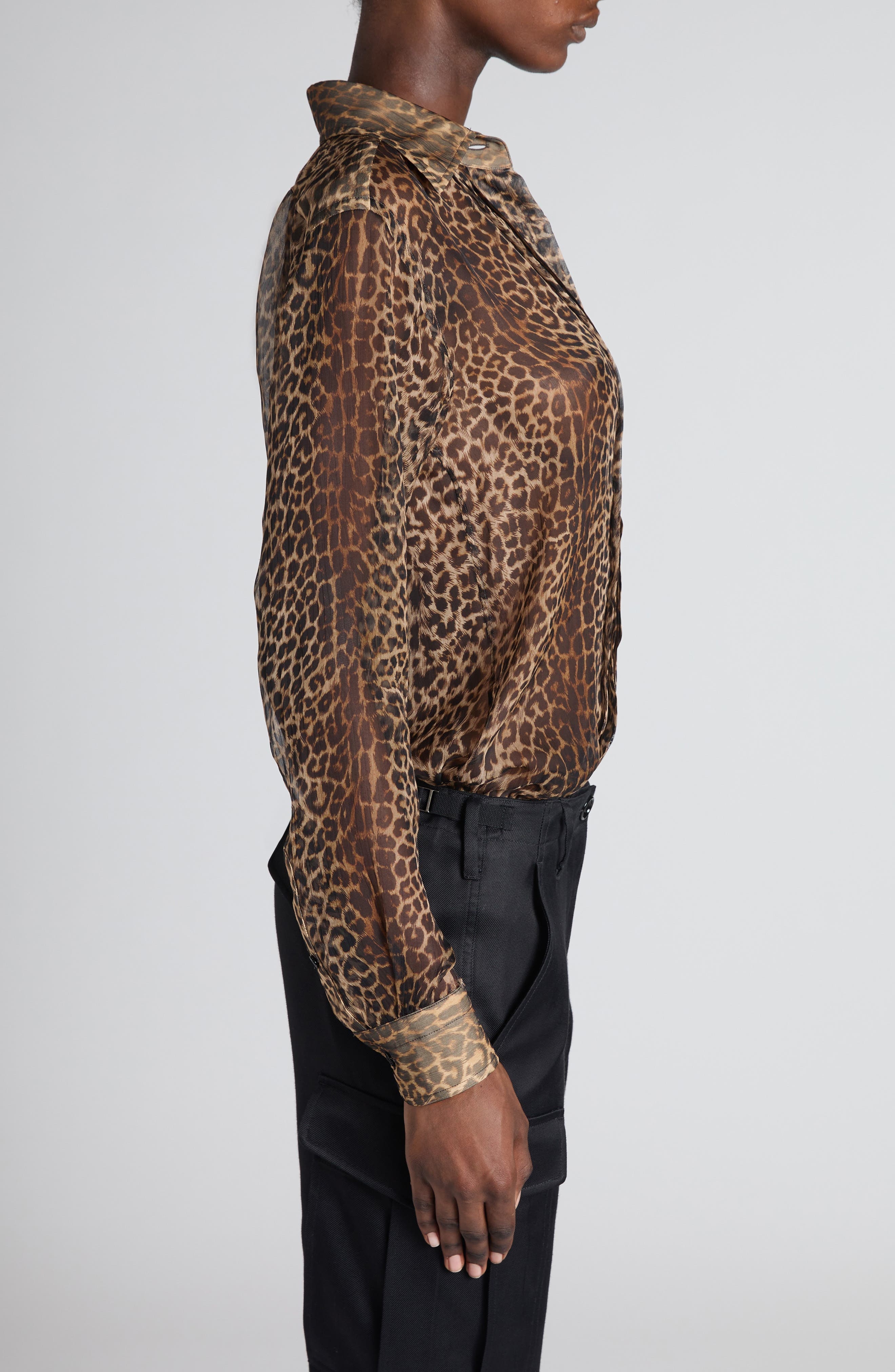 TOM FORD Leopard Print Silk Chiffon & Crepe Shirt in Leopard Brown/Black at Nordstrom - 4