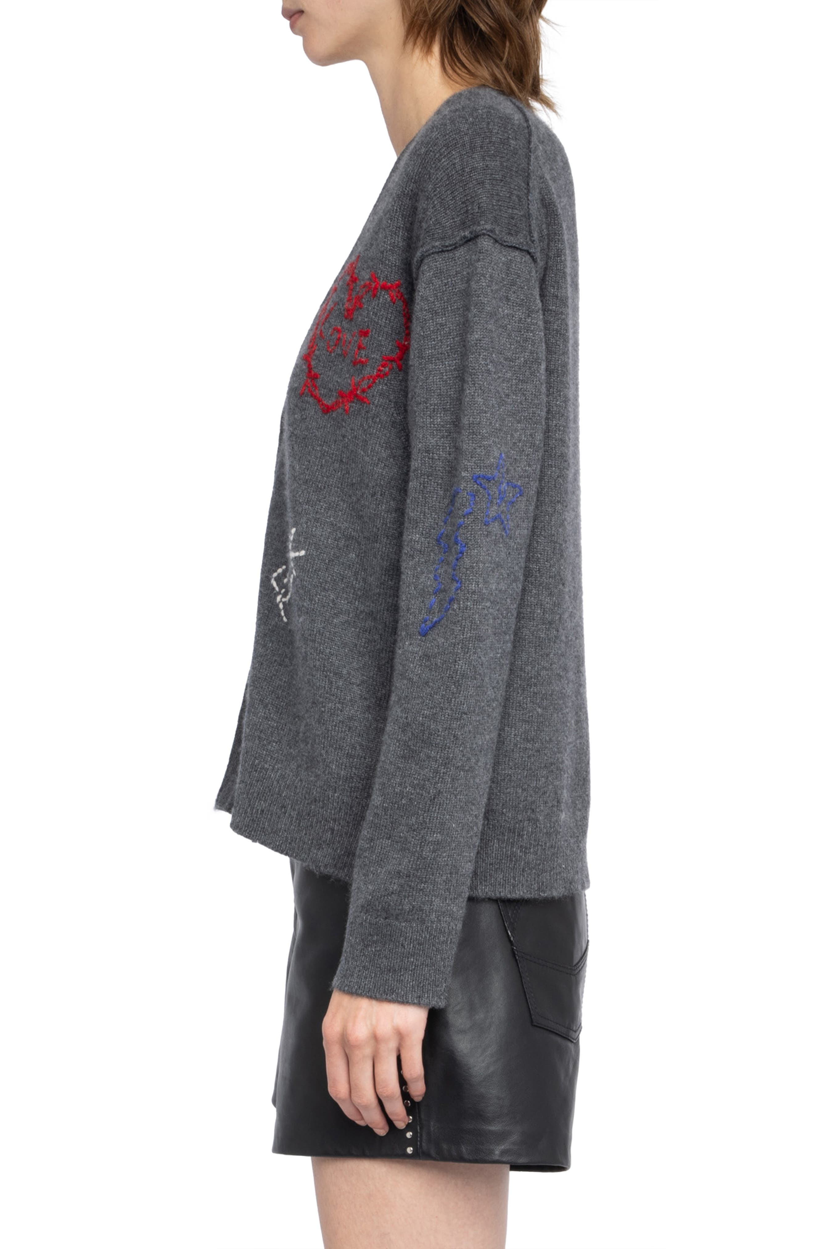 Zadig & Voltaire Mirkaz West Graph Embroidered Cashmere Cardigan in Anthracite at Nordstrom - 3