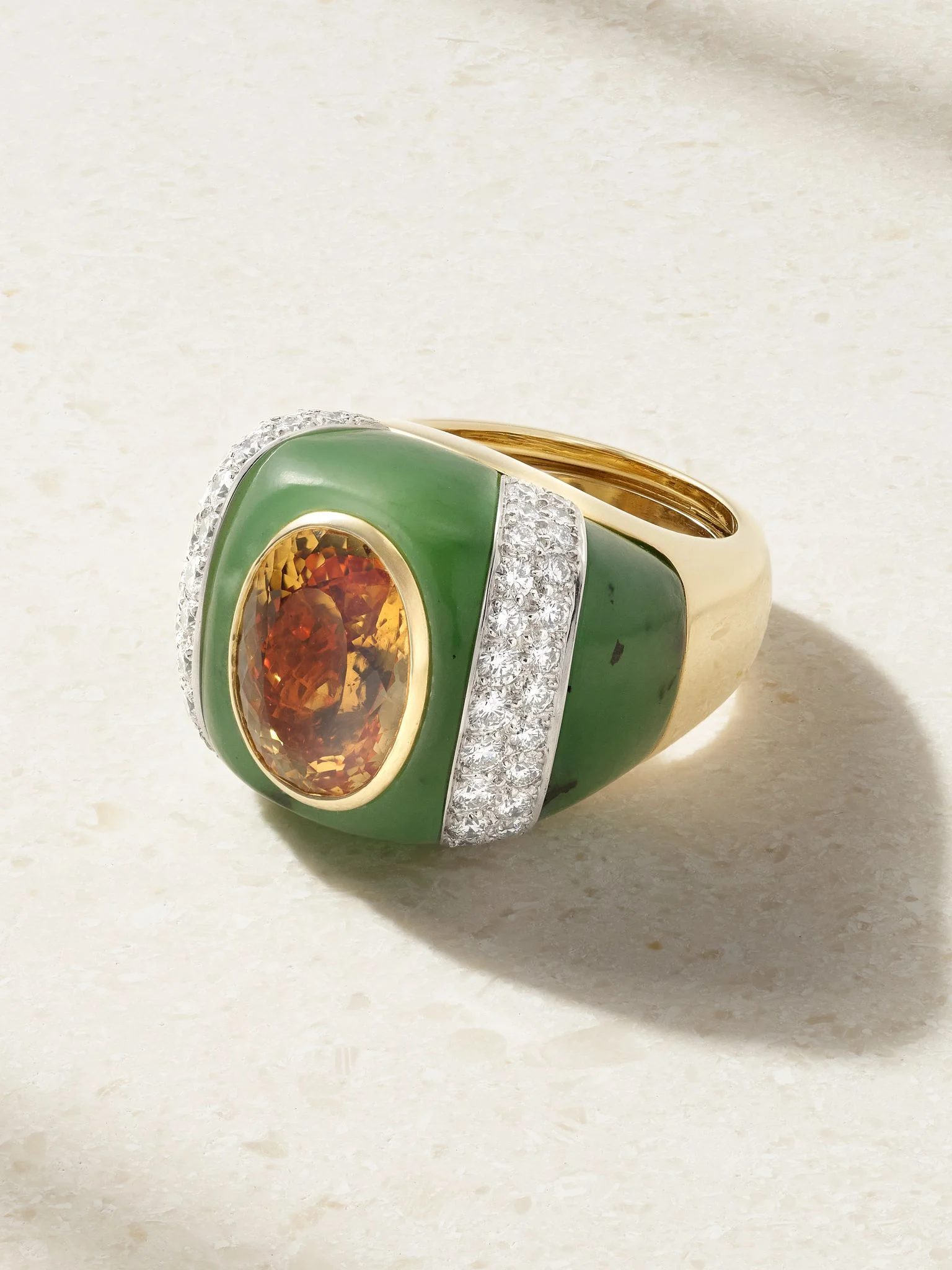 Double Stripe 18-karat gold and platinum topaz, jade and diamond ring Green - 1