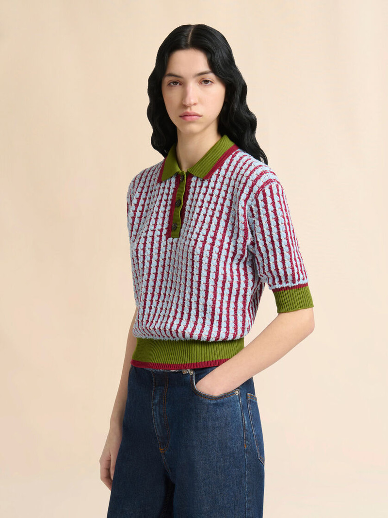 BLUE AND BURGUNDY BOUCLÉ TWEED-EFFECT POLO SHIRT 3
