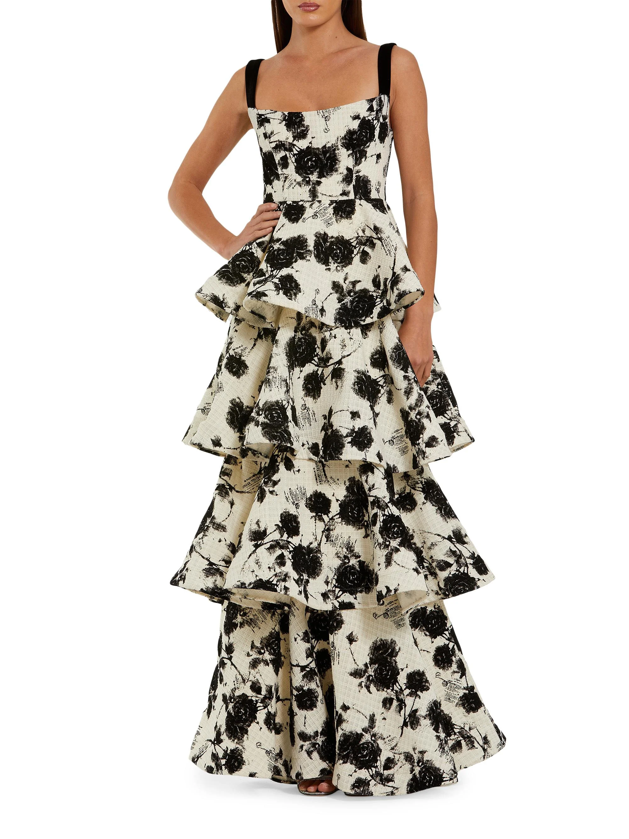 Women's Floral Bouclé Tiered Gown - Black Ivory - 1
