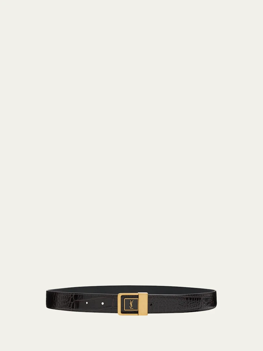 Croc-Embossed Leather Square Buckle Belt - 1
