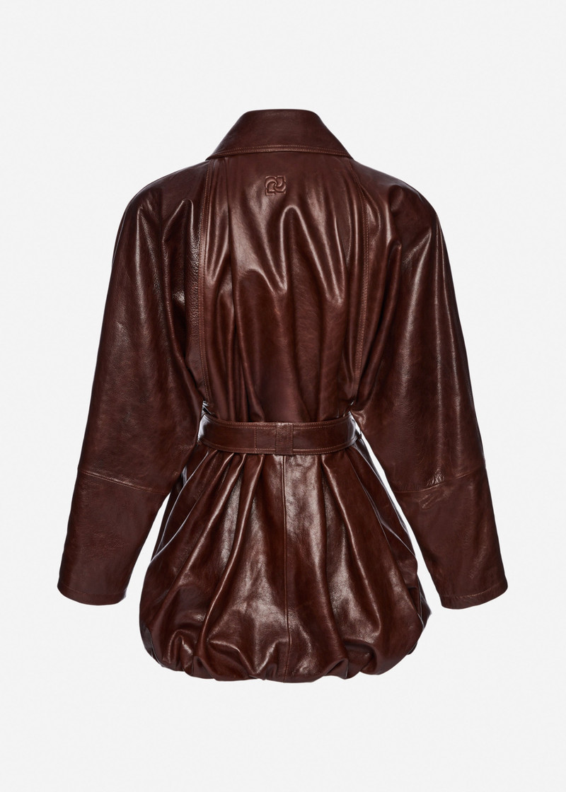 Bubble hemline leather jacket in brown 2