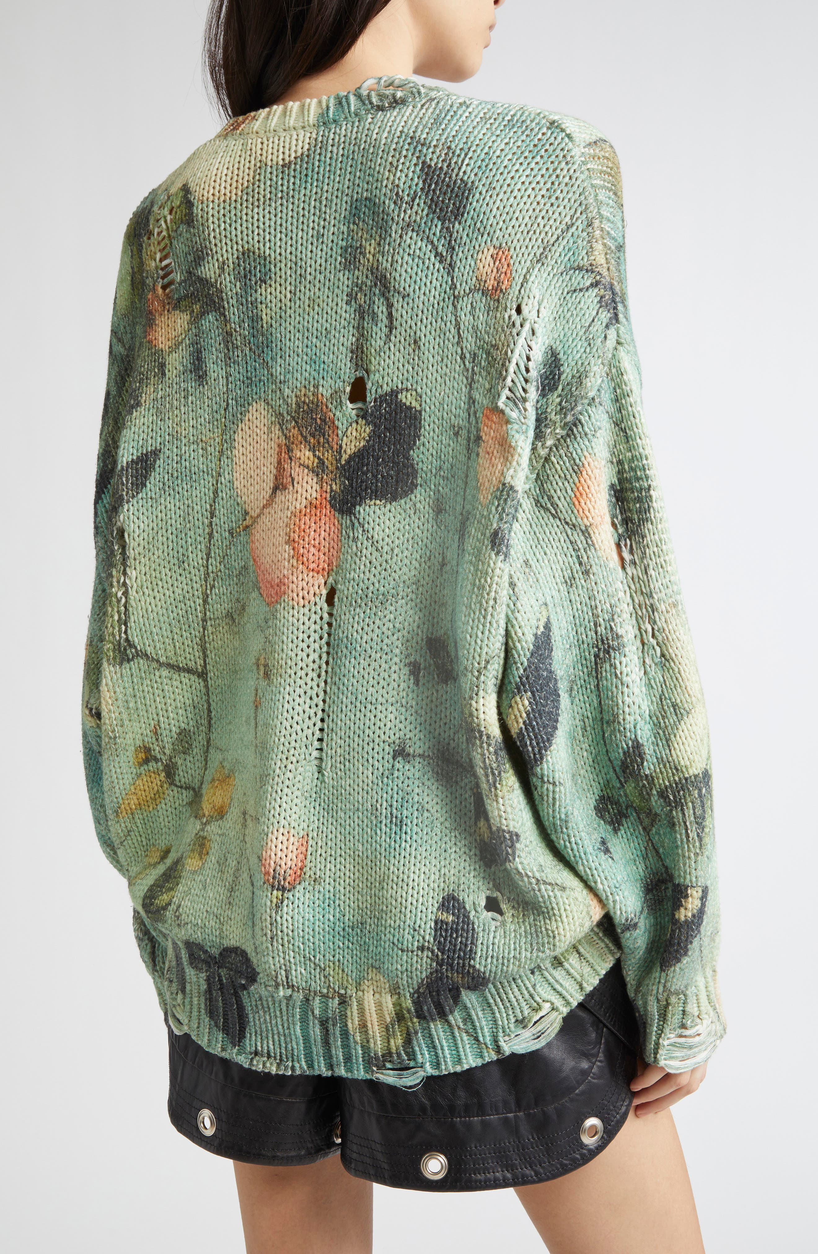 R13 Ripped Floral Oversize Cotton Sweater in Turquoise Floral at Nordstrom - 3