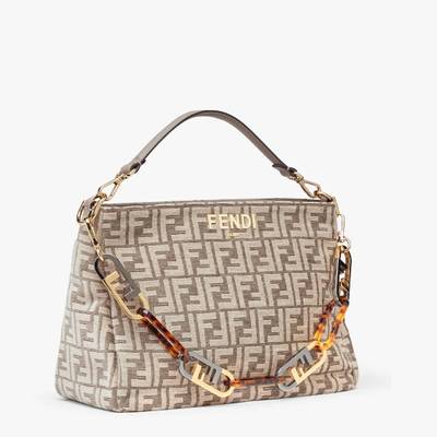 FENDI Shoulder bag made of chenille with dove gray FF tapestry motif, decorated with metal Fendi Roma lett outlook