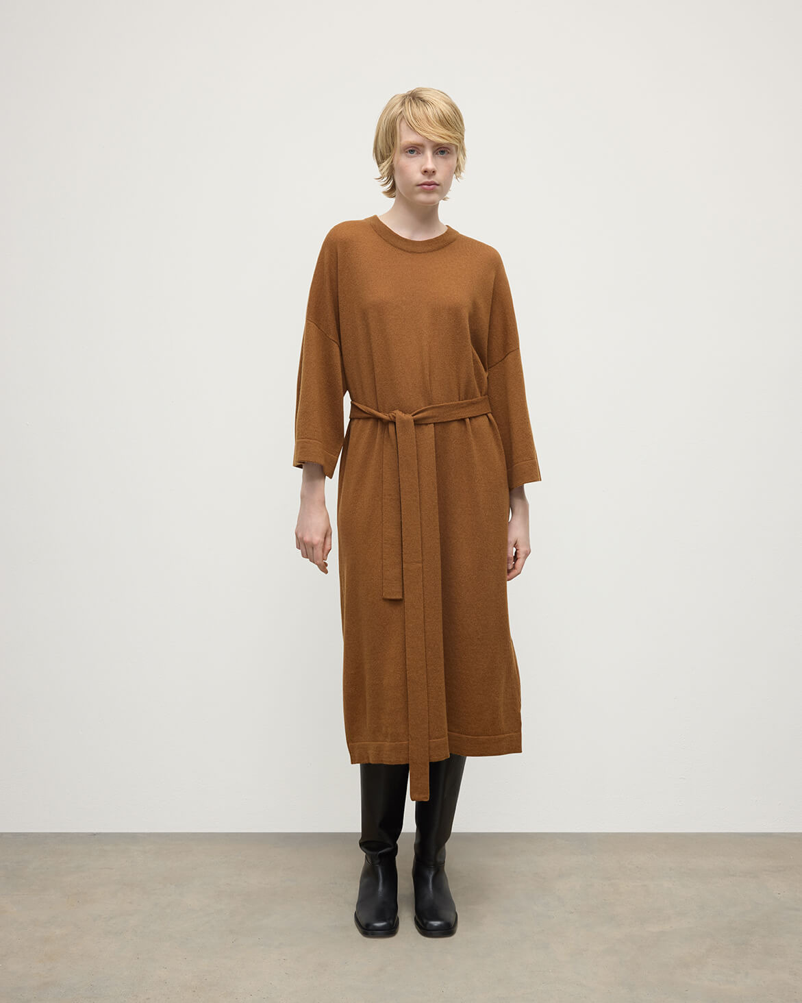 Tie-Waist Cashmere Camel Jumper Dress - 2