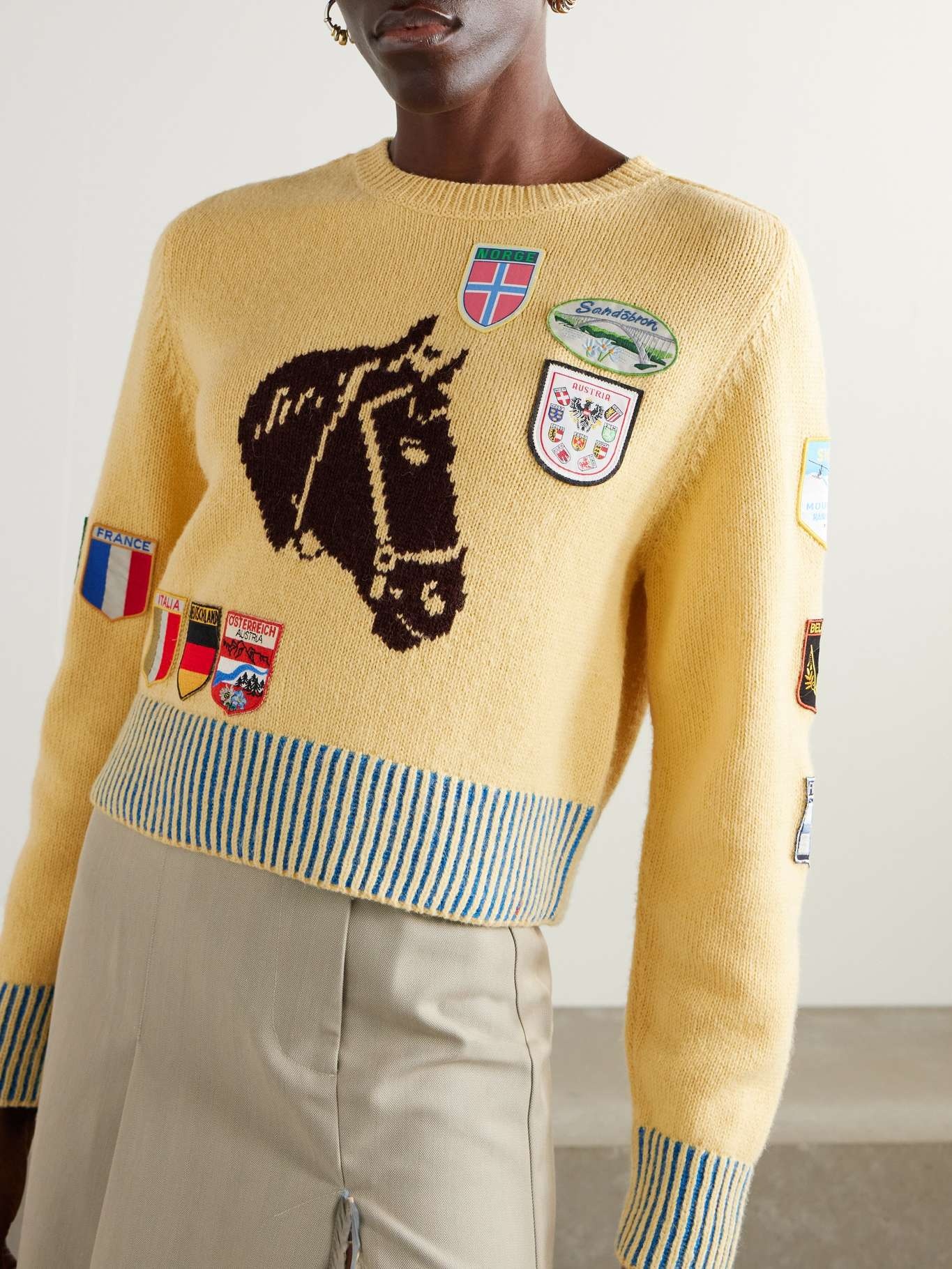 Cropped appliquéd intarsia alpaca and merino wool-blend sweater Yellow - 3