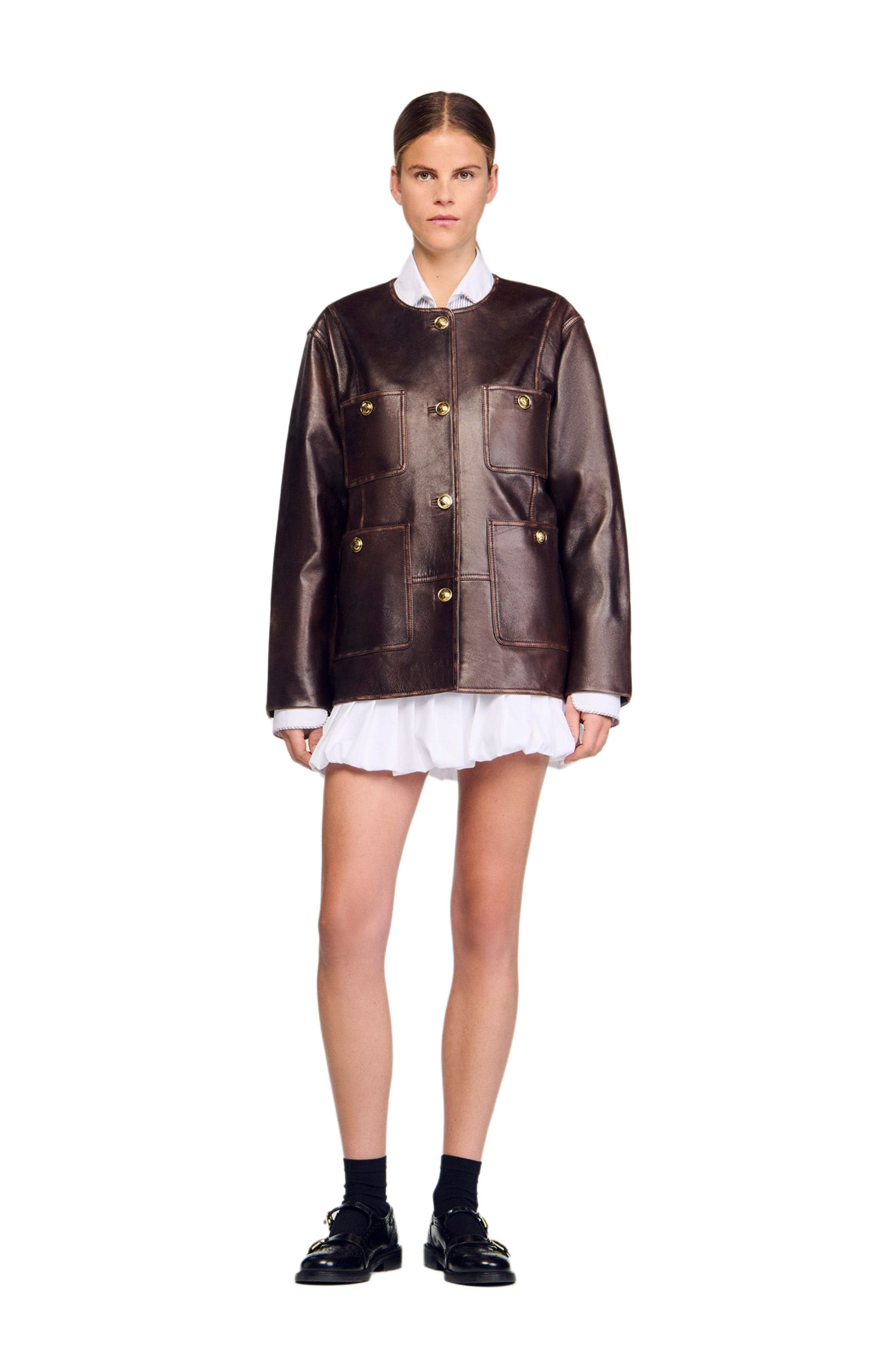 SANDRO Long distressed leather jacket in Black Brown at Nordstrom - 1