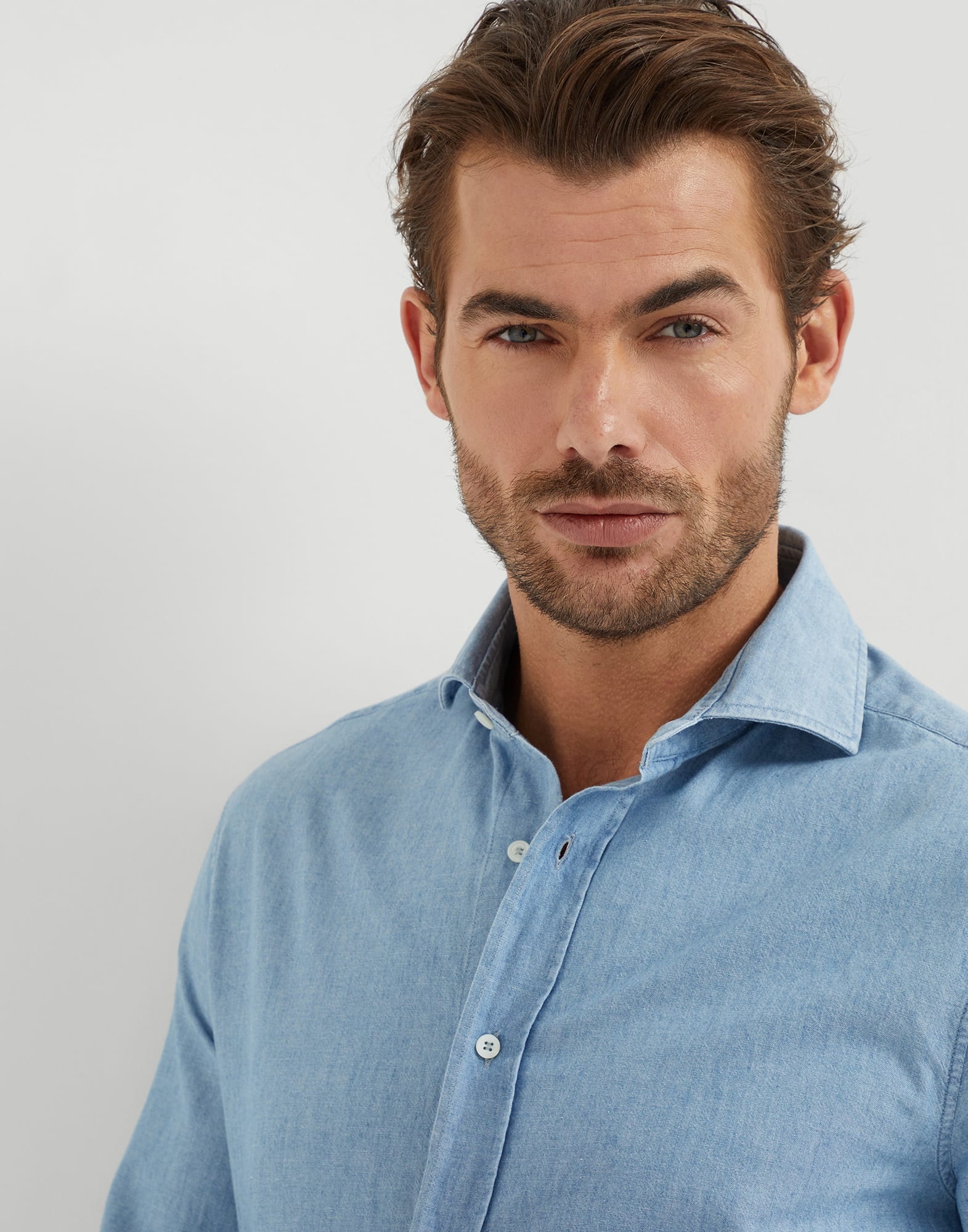 Denim-effect chambray slim fit shirt with spread collar - 3
