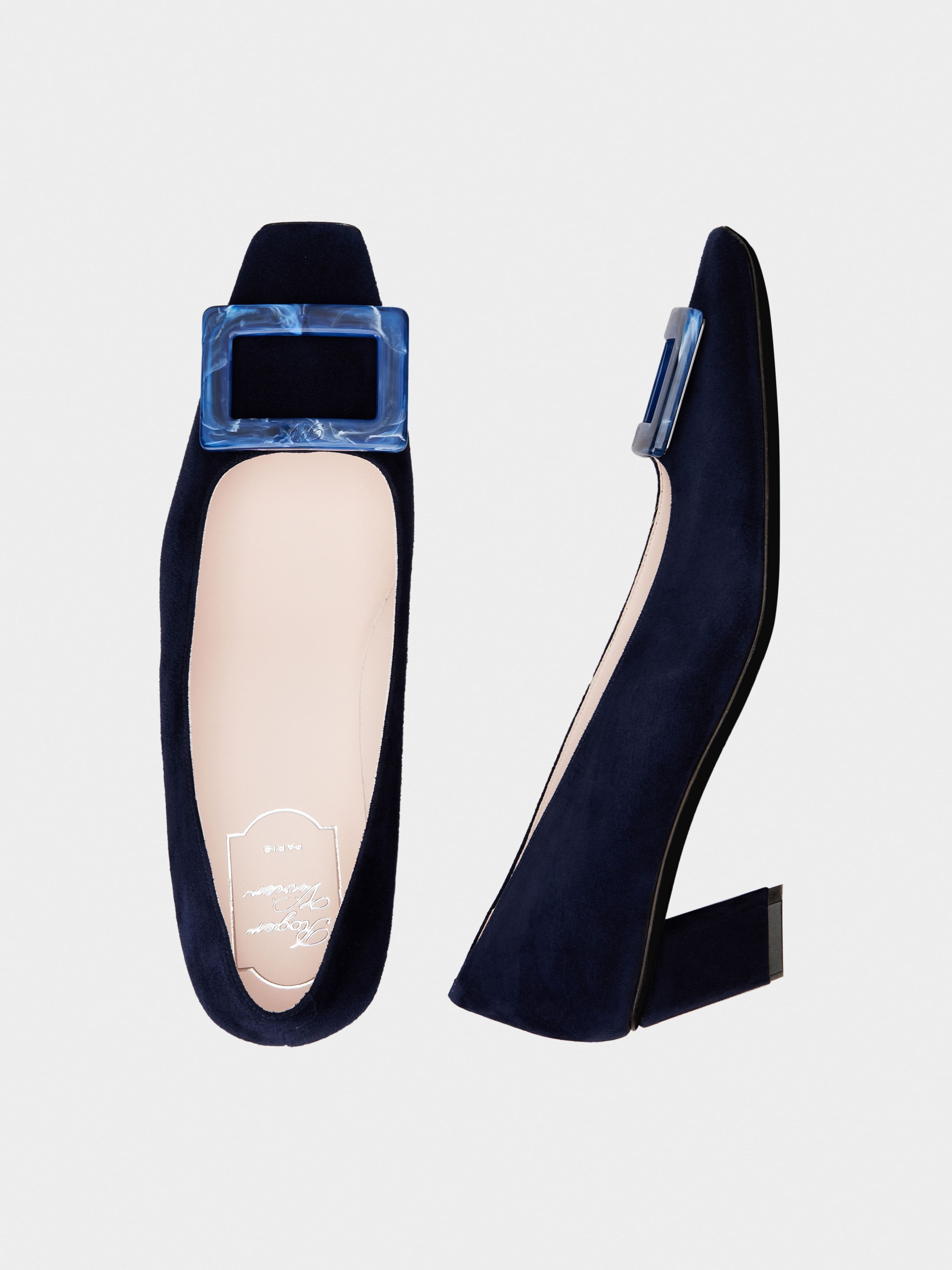 Belle Vivier Stone Buckle Pumps in Suede - 4