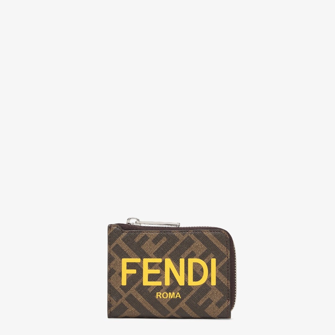 Card holder with L-shaped zip closure. Made of textured fabric with brown diagonal FF motif. Embelli - 1