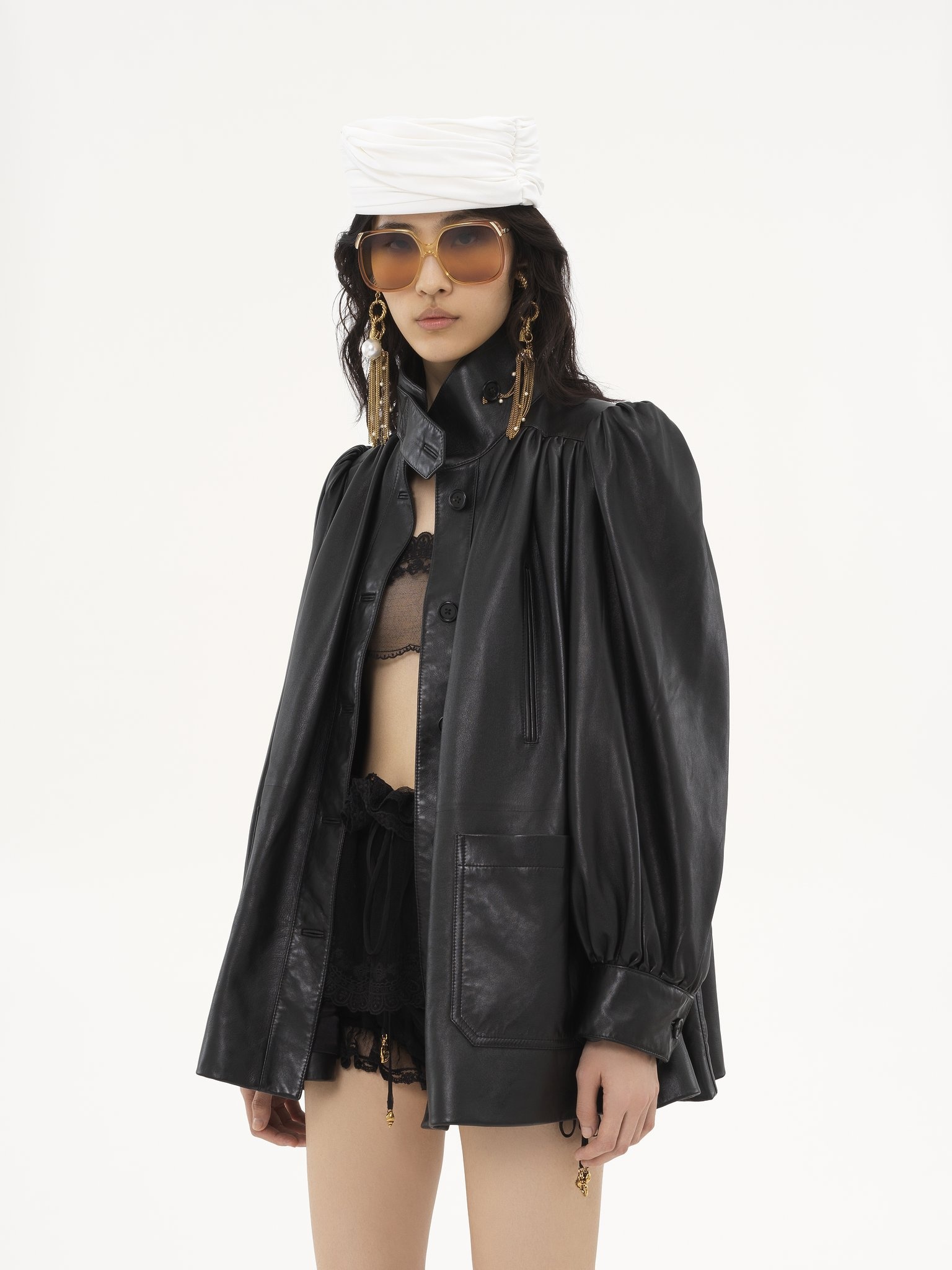 HIGH-NECK GATHERED COAT IN LEATHER - 4