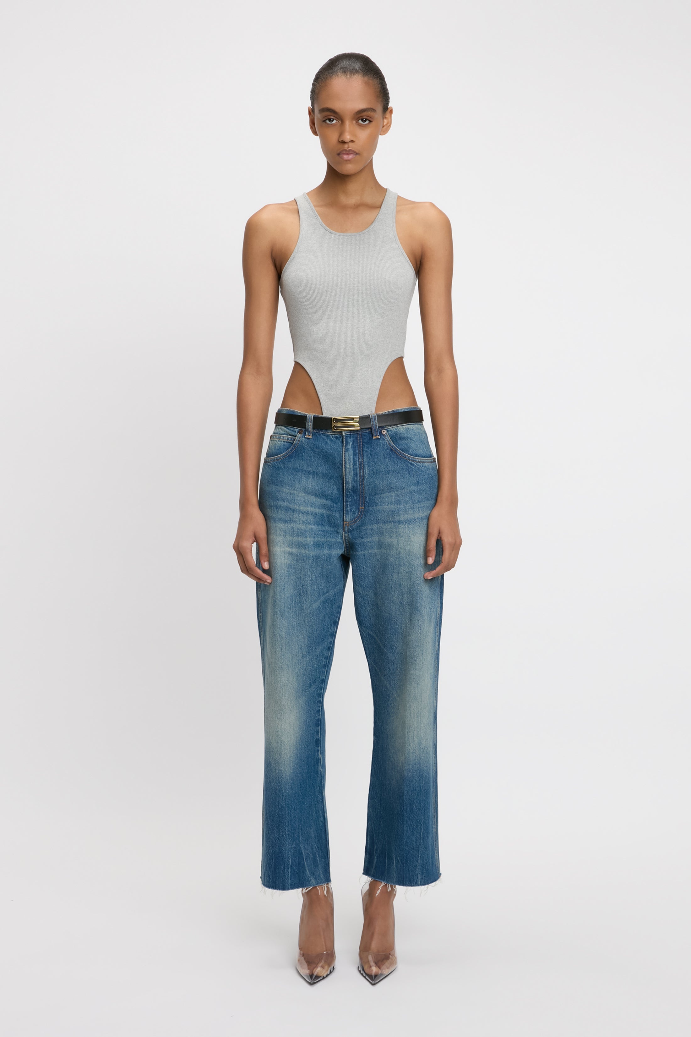 High Leg Bodysuit In Grey Marl - 2