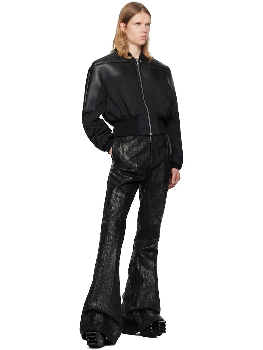 Black Hollywood Girdered Leather Bomber Jacket - 4