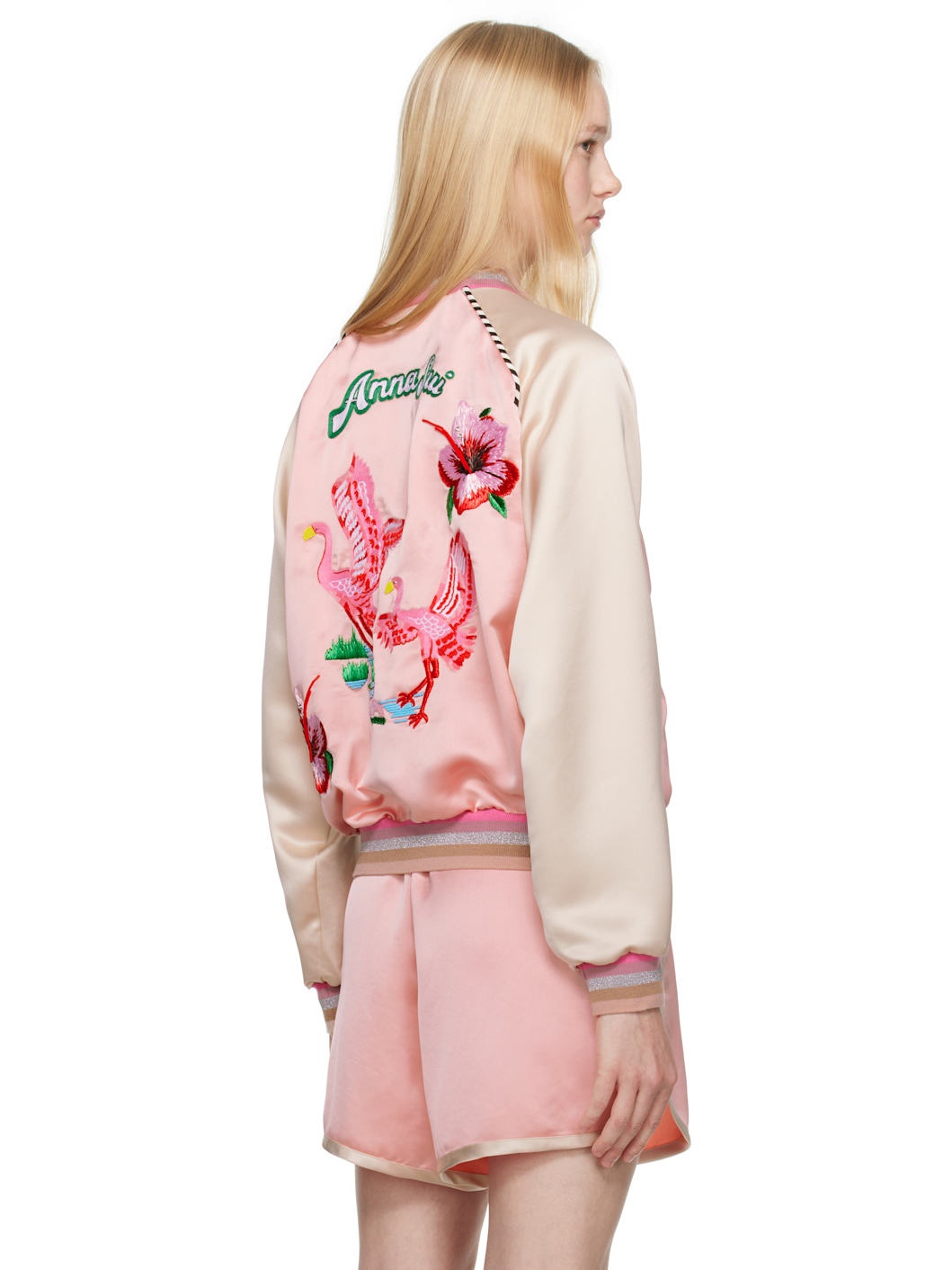Pink Satin Embroidered Souvenir Bomber Jacket - 3