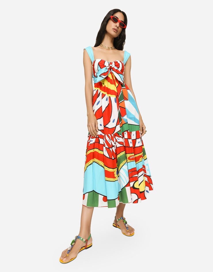 Carretto-print poplin calf-length dress - 5