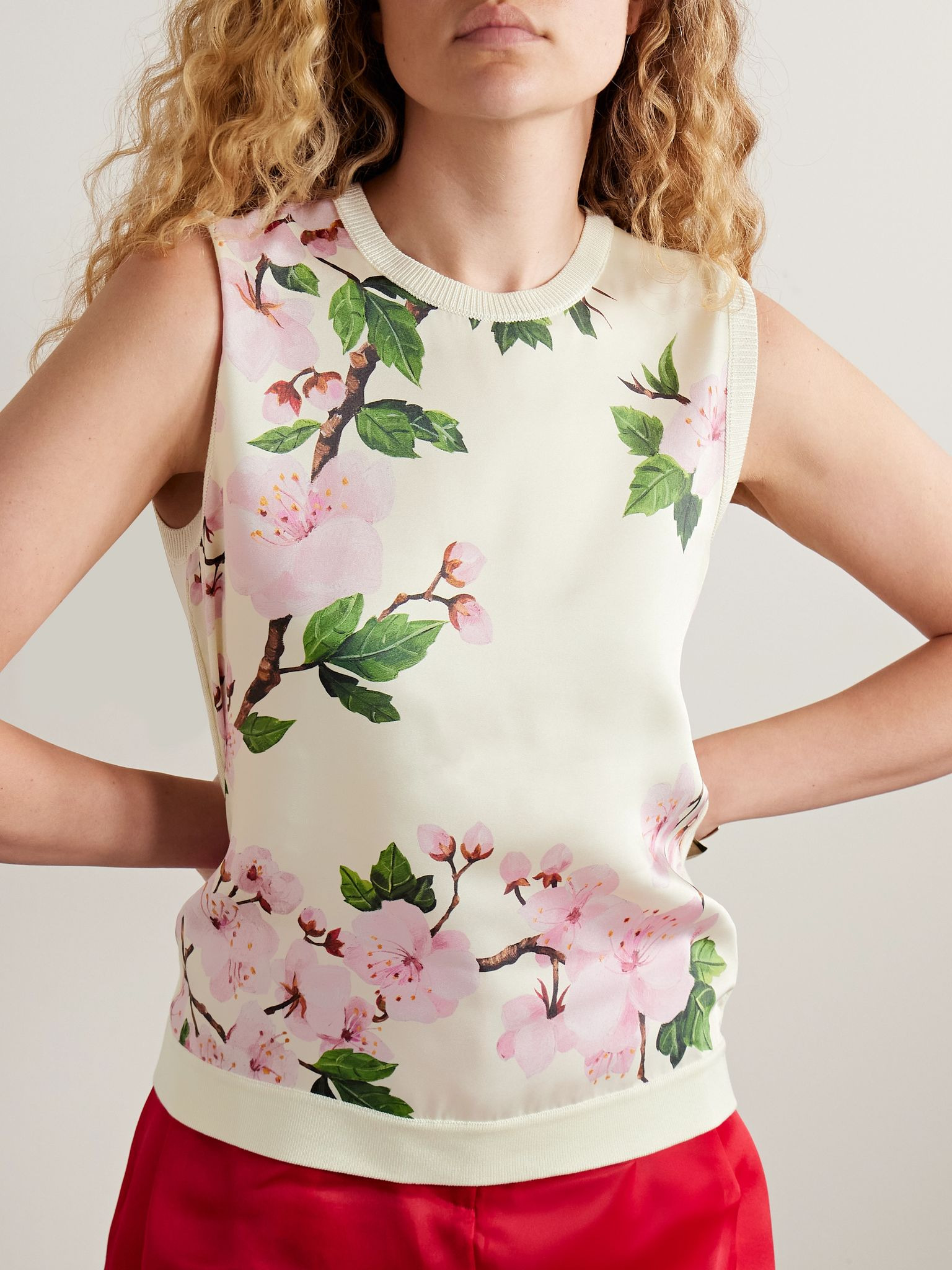 Paneled knitted and floral-print silk-blend twill tank Ecru - 3