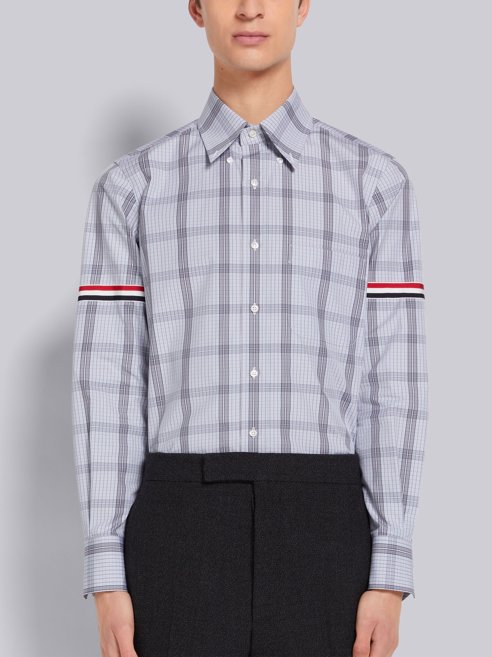 Medium Grey Small Grid Windowpane Check Poplin Grosgrain Armband Straight Fit Shirt - 1