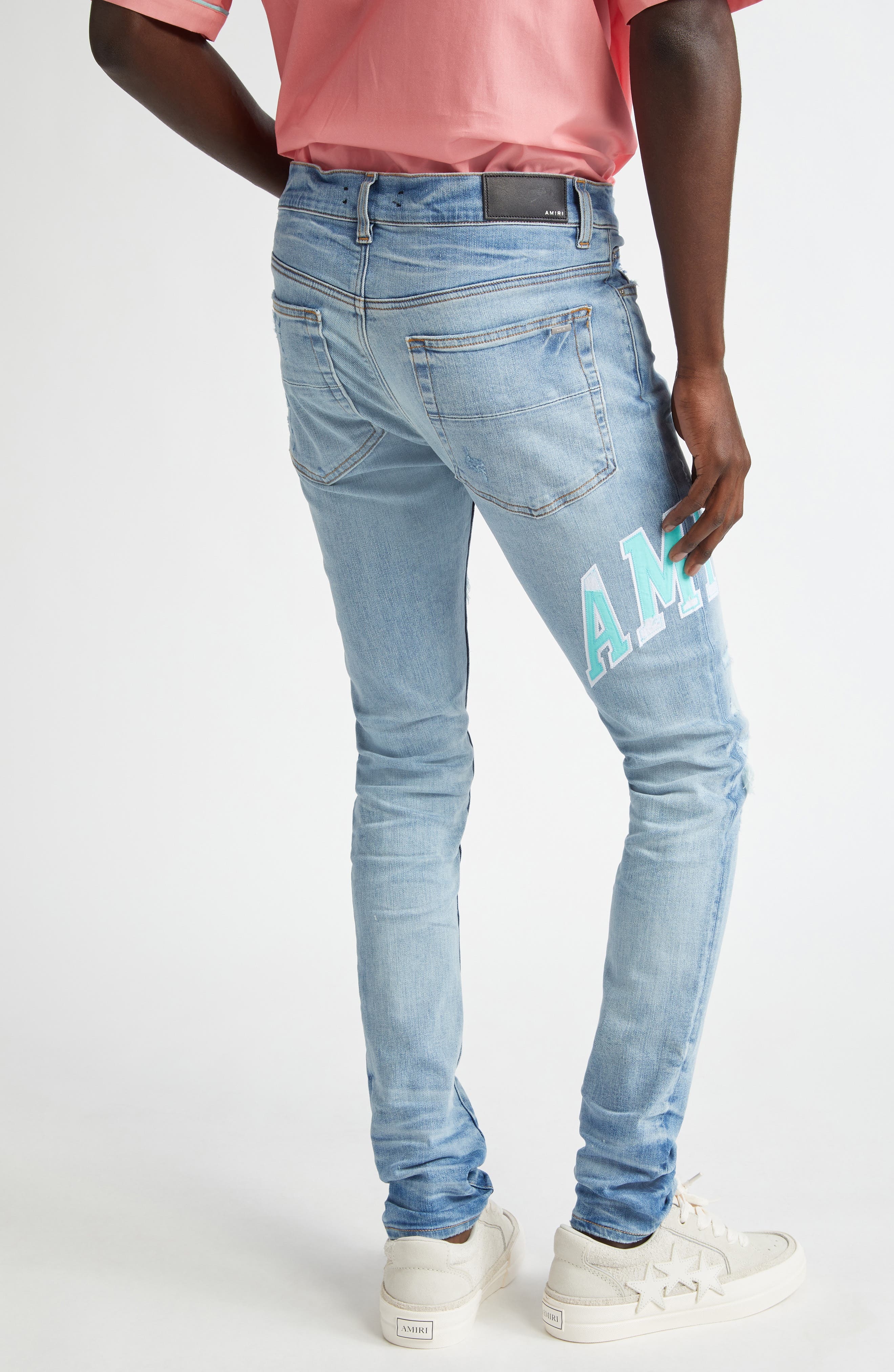 AMIRI Varsity Logo Rip & Repair Skinny Fit Jeans in Perfect Indigo at Nordstrom - 3