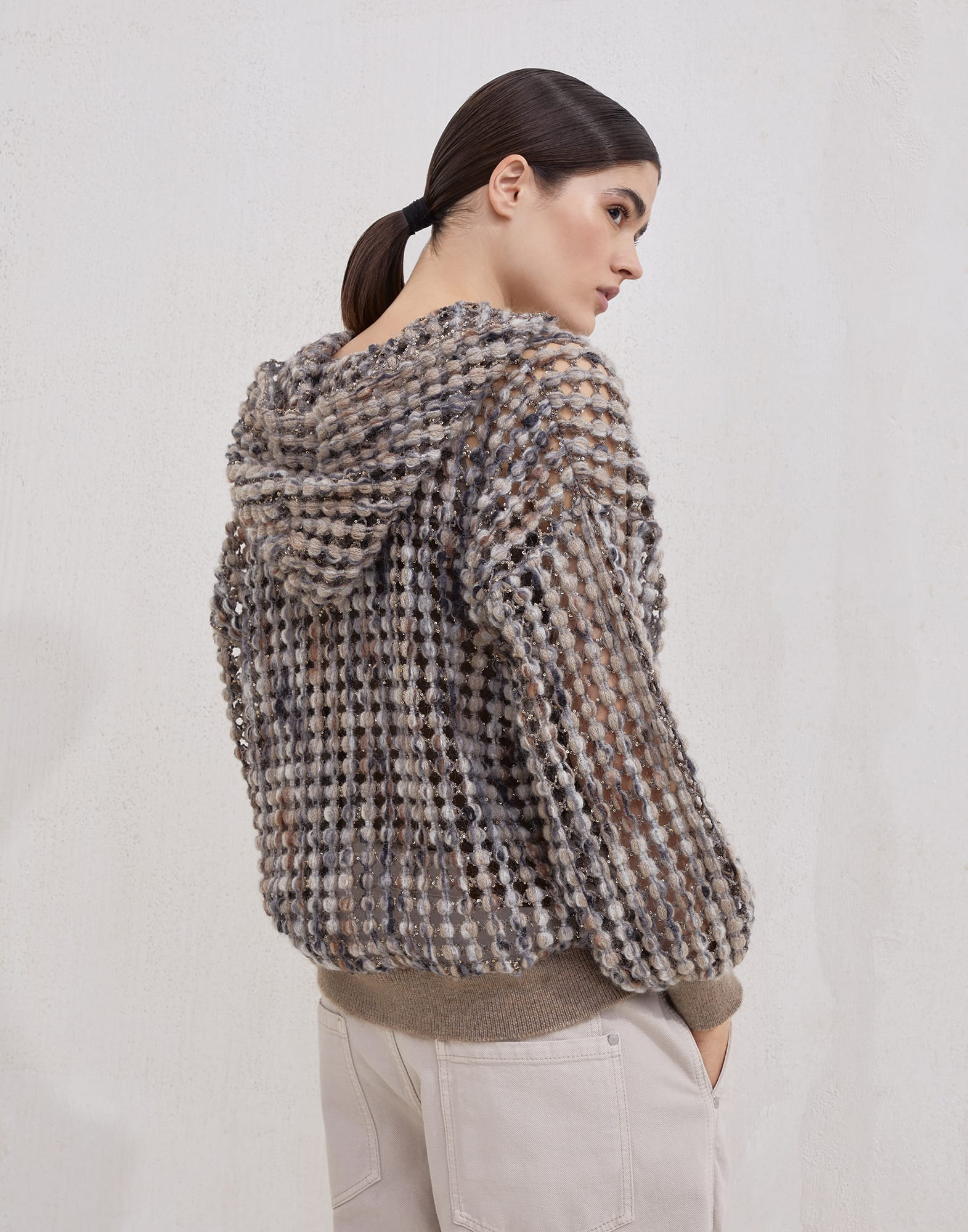 Virgin wool, cashmere and mohair balloon net embroidery cardigan with hood - 2