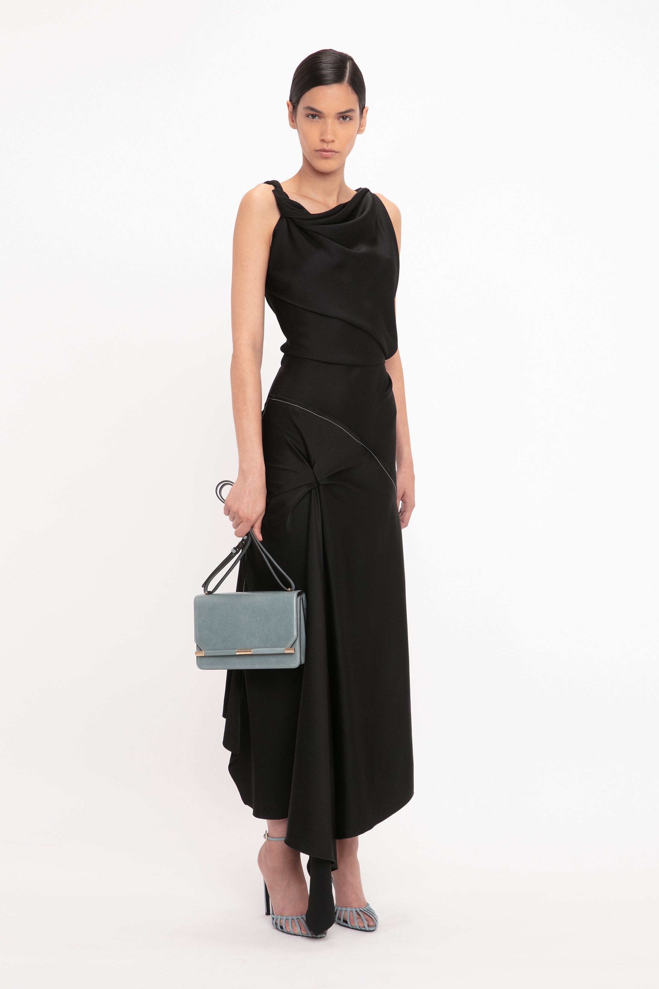 Asymmetric Draped Midi Dress In Black - 3