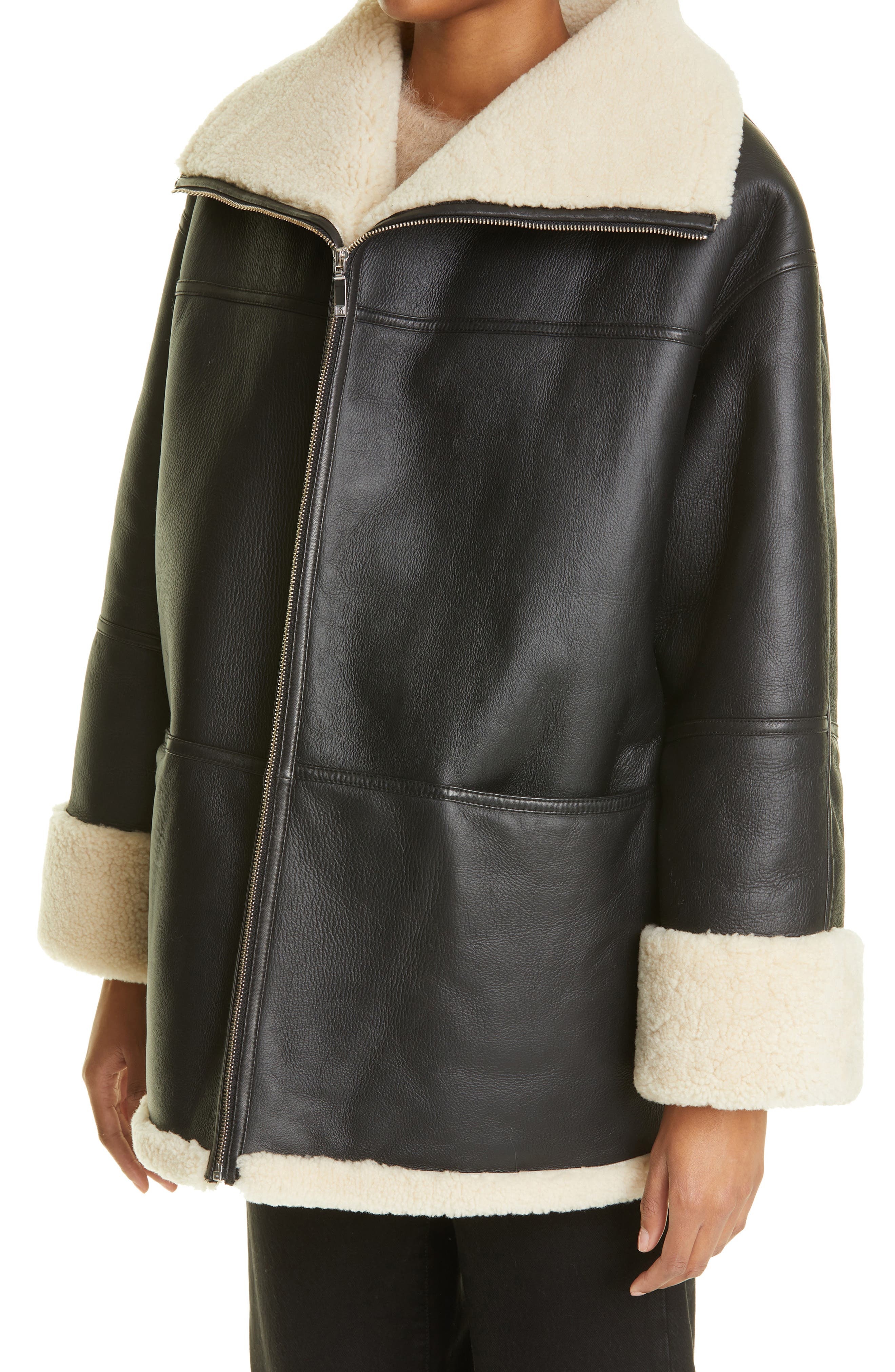 TOTEME Menfi Oversize Genuine Shearling Coat in Black/off-White at Nordstrom - 4
