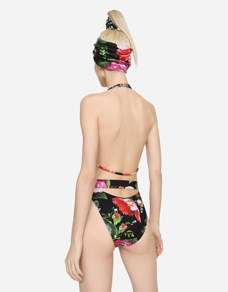 Dolce & Gabbana Belted floral-print swimsuit with plunging neckline outlook