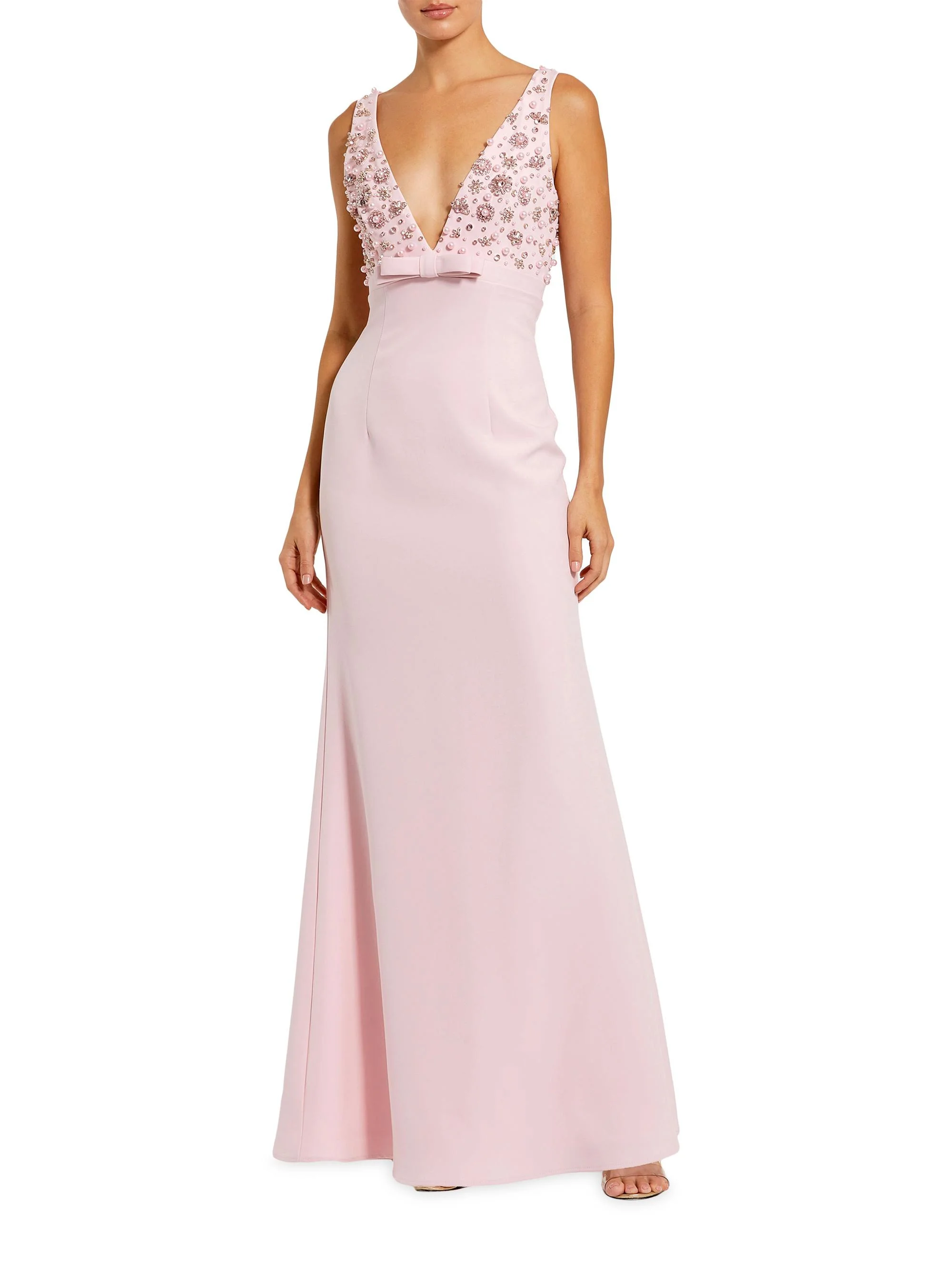Women's Crêpe Floral Beaded Bow A-Line Gown - Blush - 1