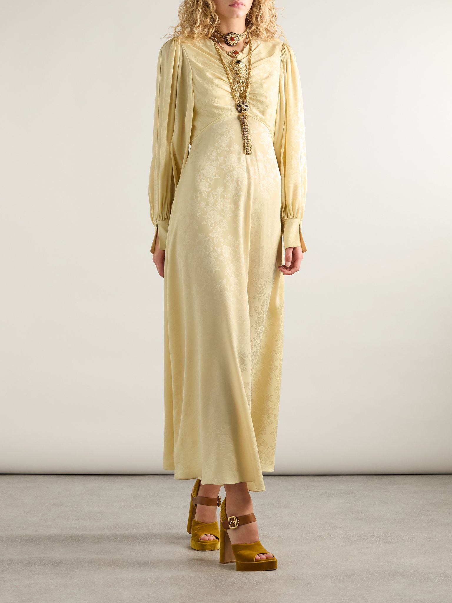 Floral-jacquard silk-satin midi dress Pastel yellow - 2