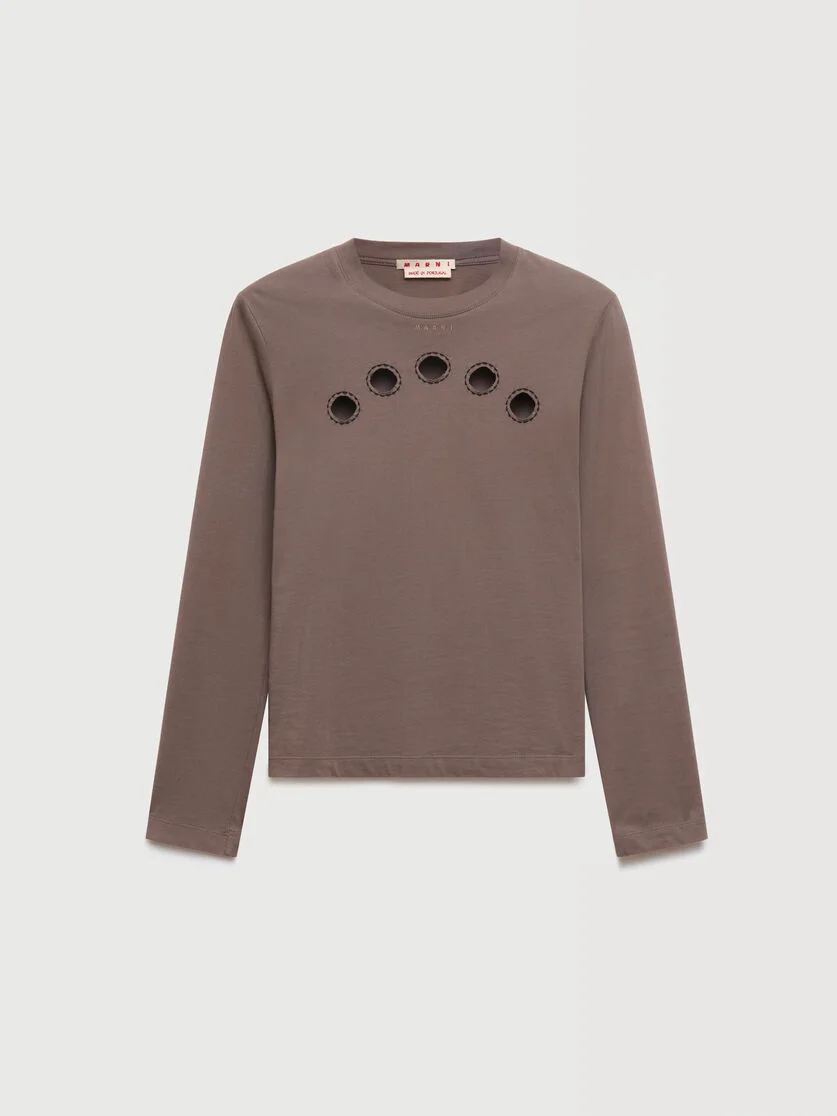 GRAY COTTON LONG-SLEEVED T-SHIRT WITH CUT-OUT POLKA DOTS - 1