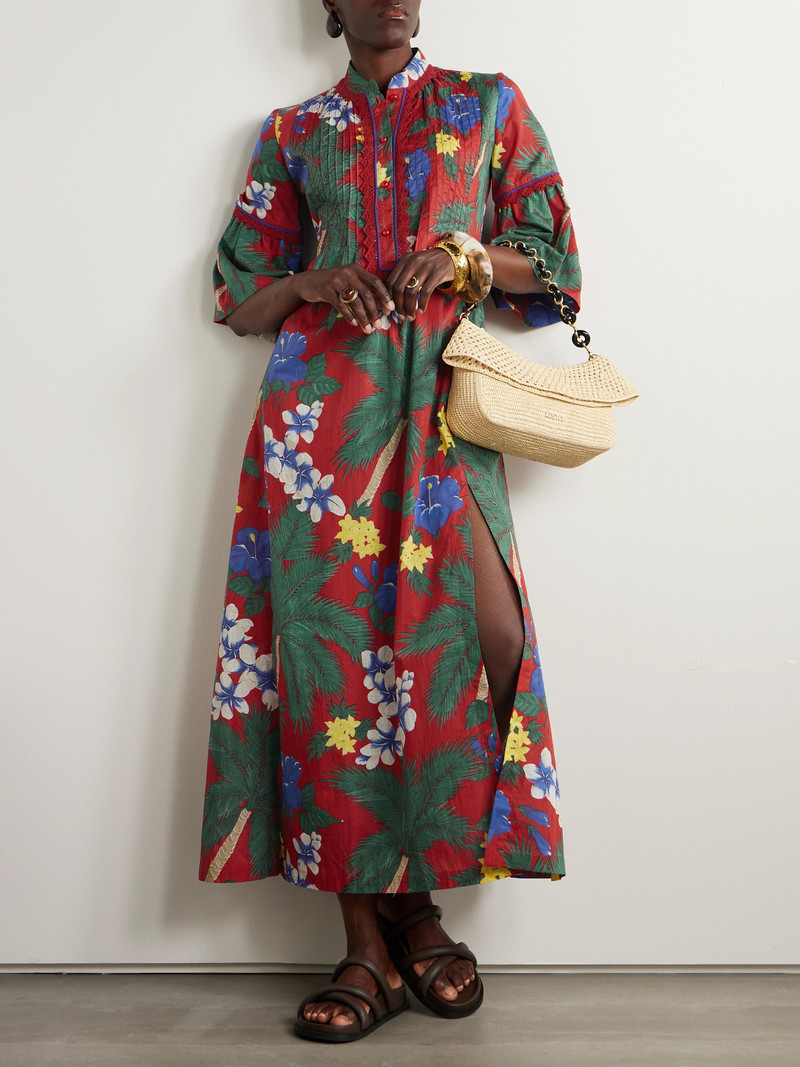 LORETTA CAPONI Alicante Lace-trimmed Pintucked Floral-print Cotton Midi Dress outlook