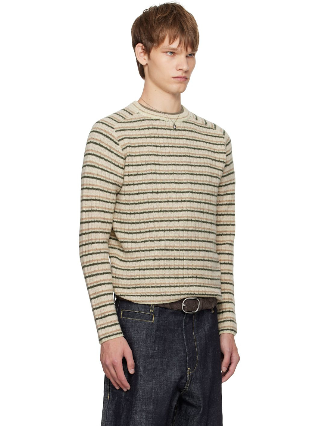 Beige Shetland Wool Cashmere Rib Knit Sweater - 2