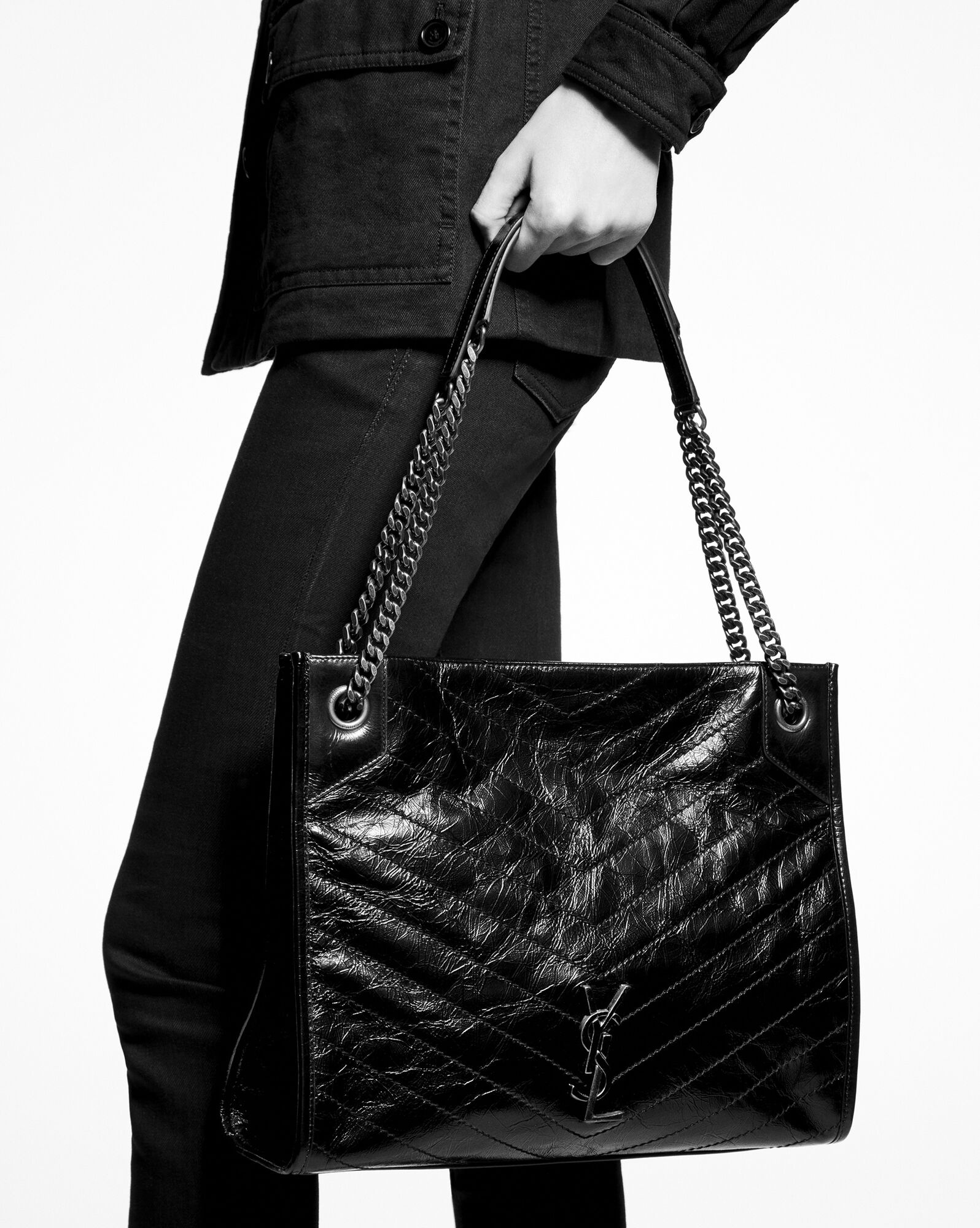 SAINT LAURENT niki medium shopping bag in crinkled vintage leather REVERSIBLE