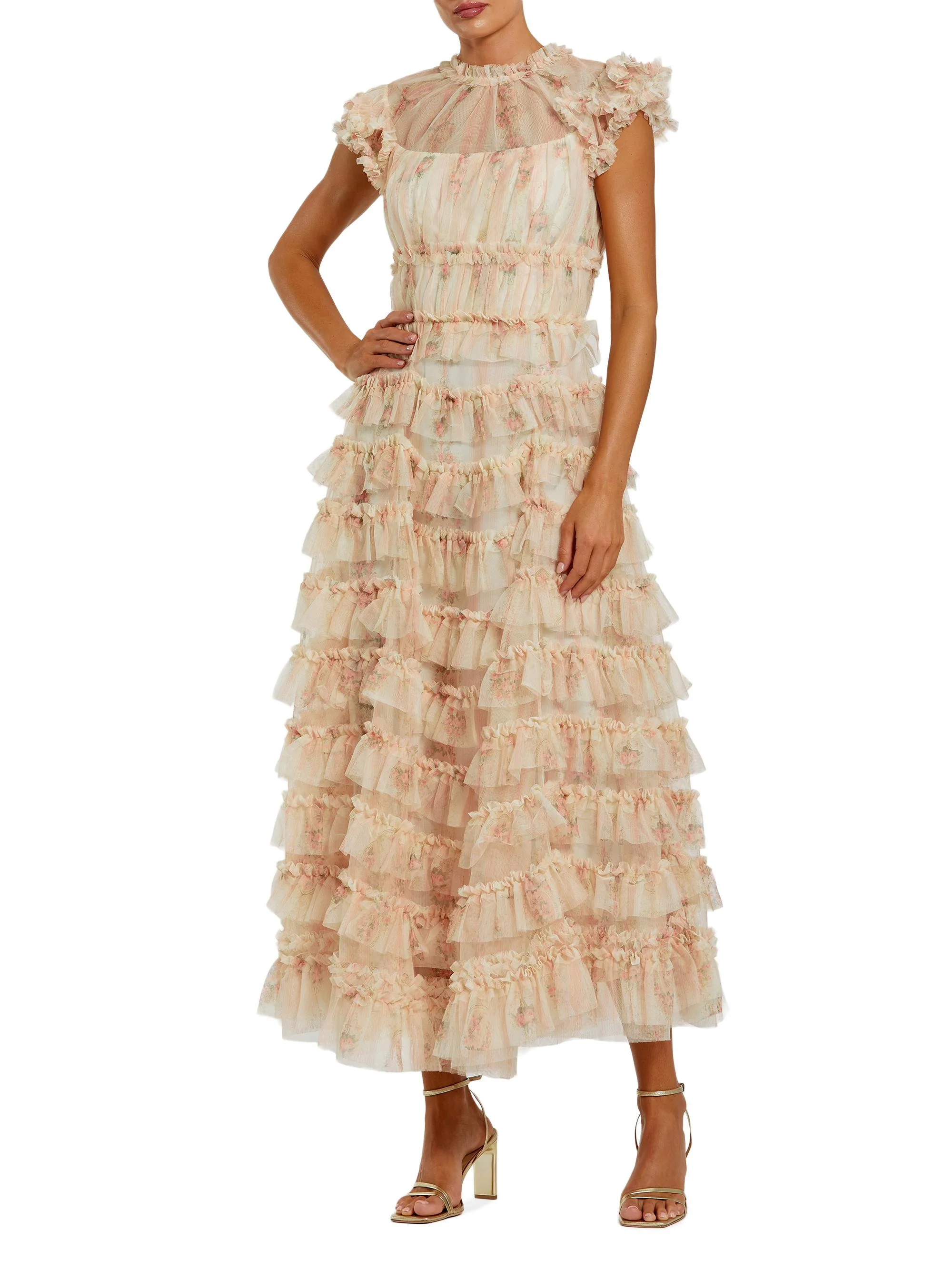 Women's Floral Mesh Ruffled Cocktail Dress - Ivory Multi - 1