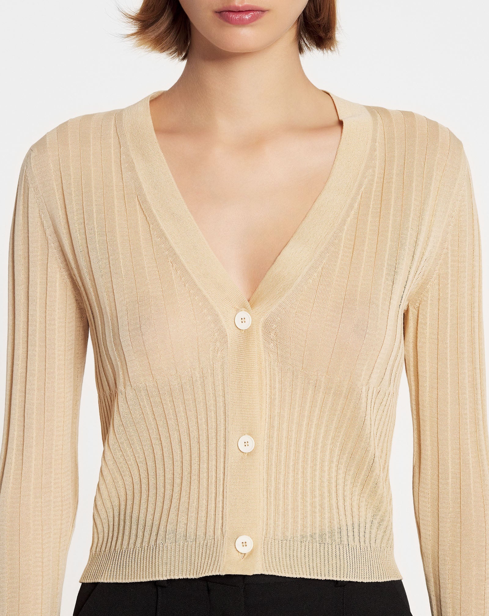RIBBED SILK AND COTTON V-NECK CARDIGAN - 5