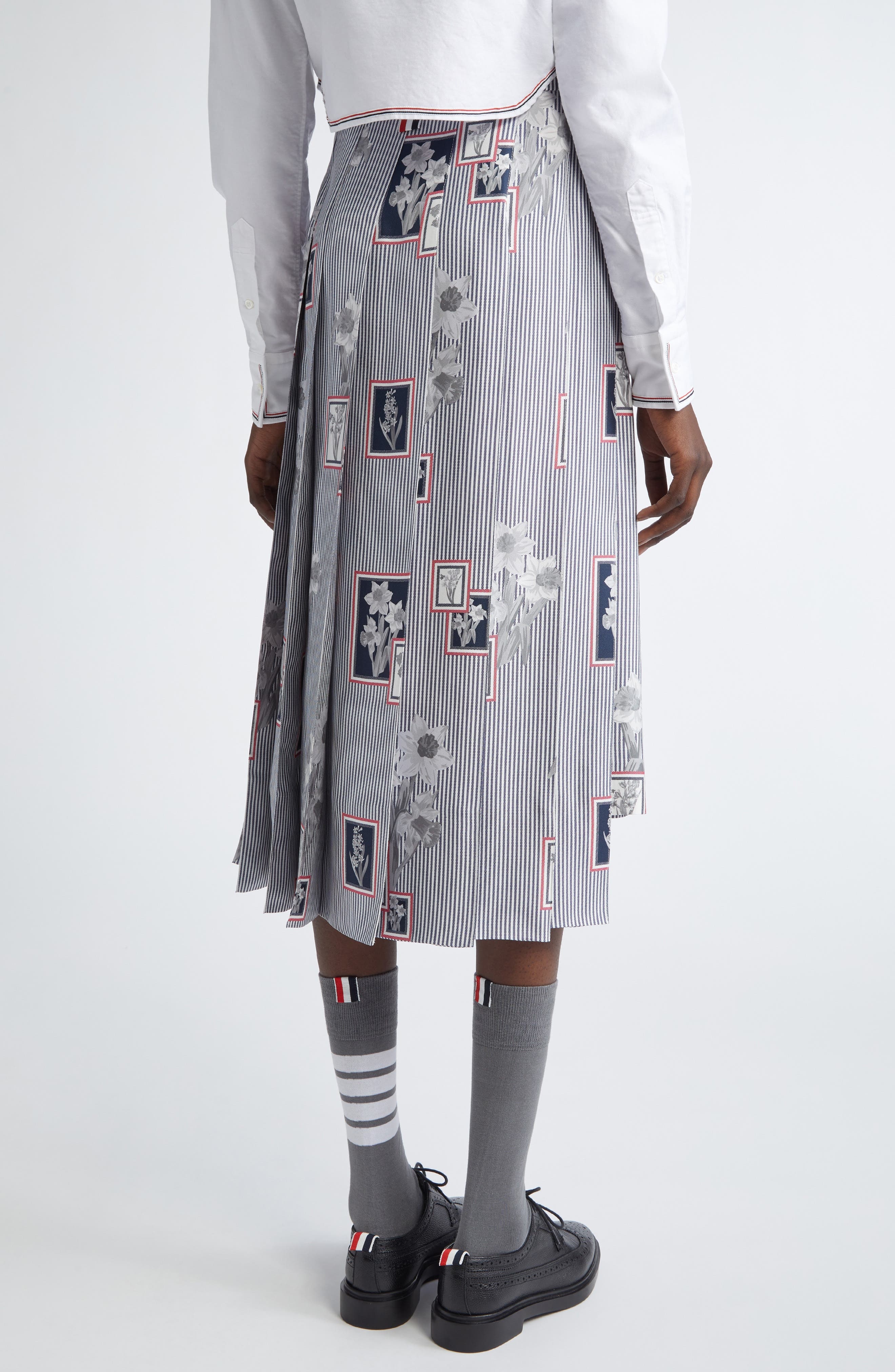 Thom Browne Classic Framed Floral Pleated Silk Skirt in Navy at Nordstrom - 3