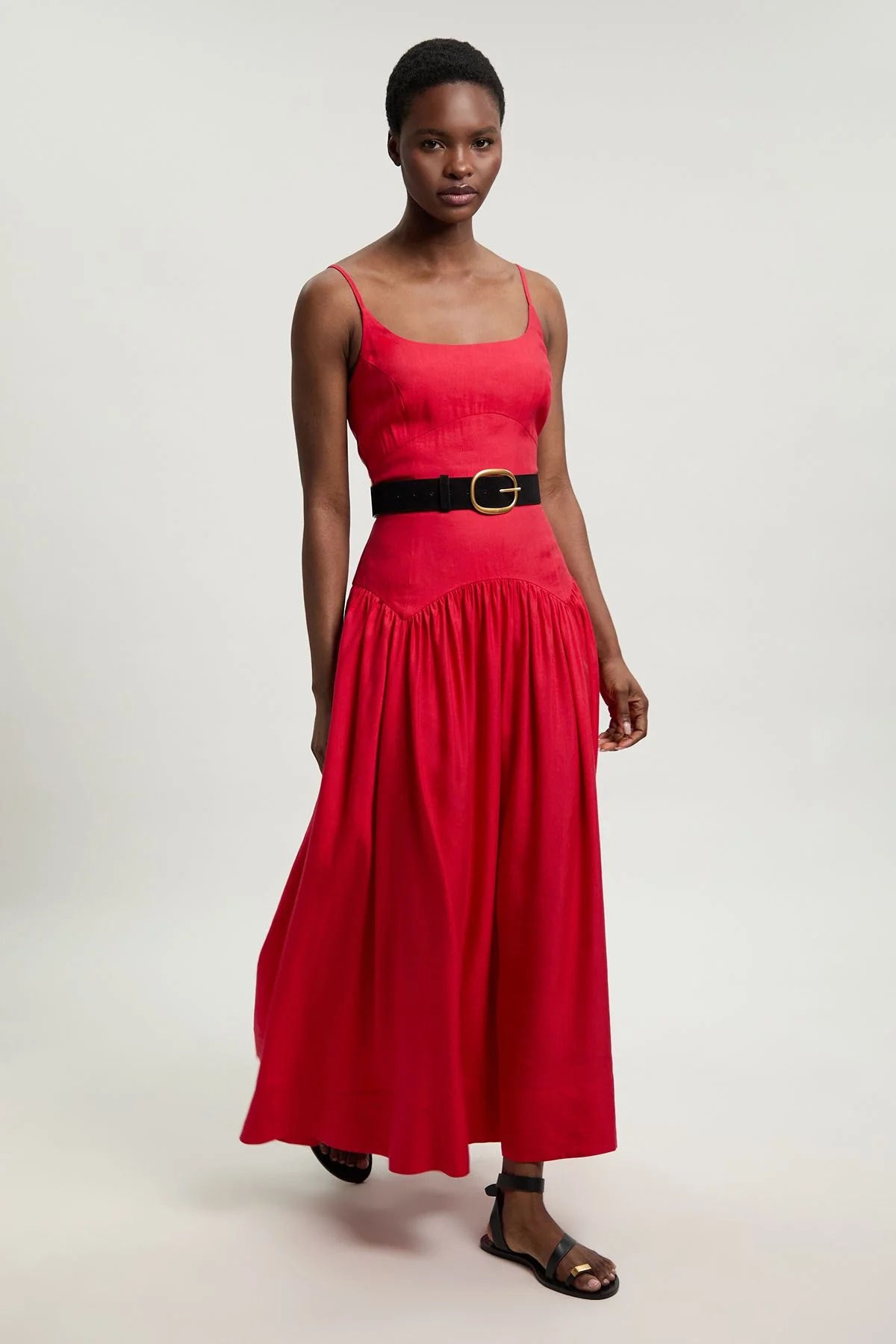 Viscose Linen Belted Drop Waist Woven Midi Dress - 1