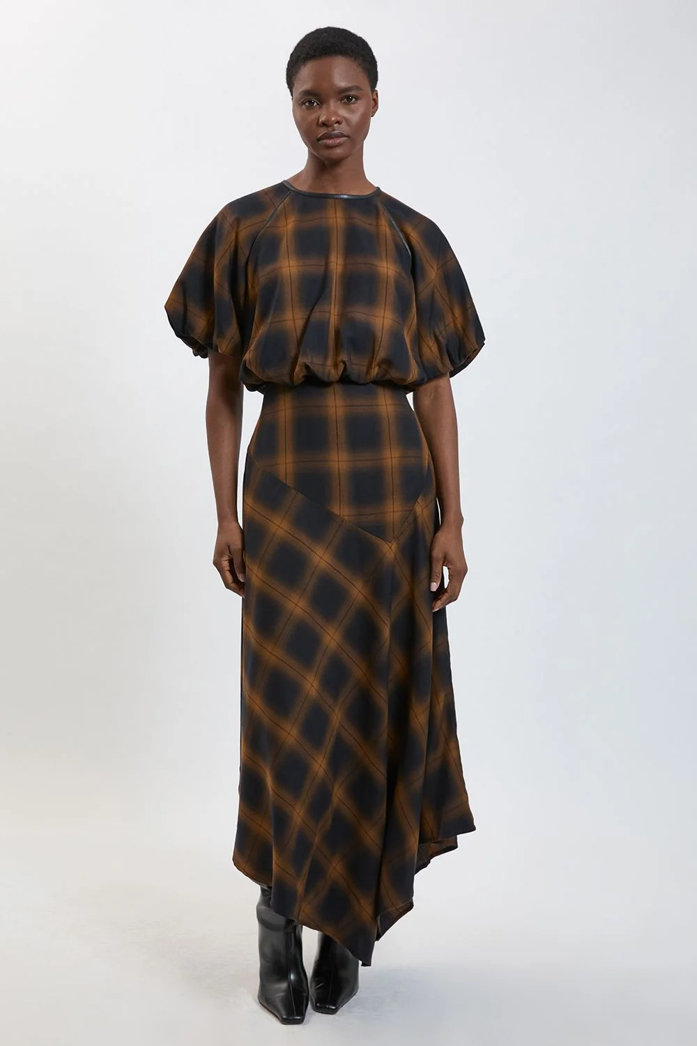 Petite Check PU Trim Asymmetric Hem Midi Dress - 1
