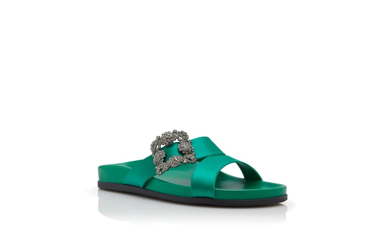 Green Satin Jewel Buckle Flat Mules - 3