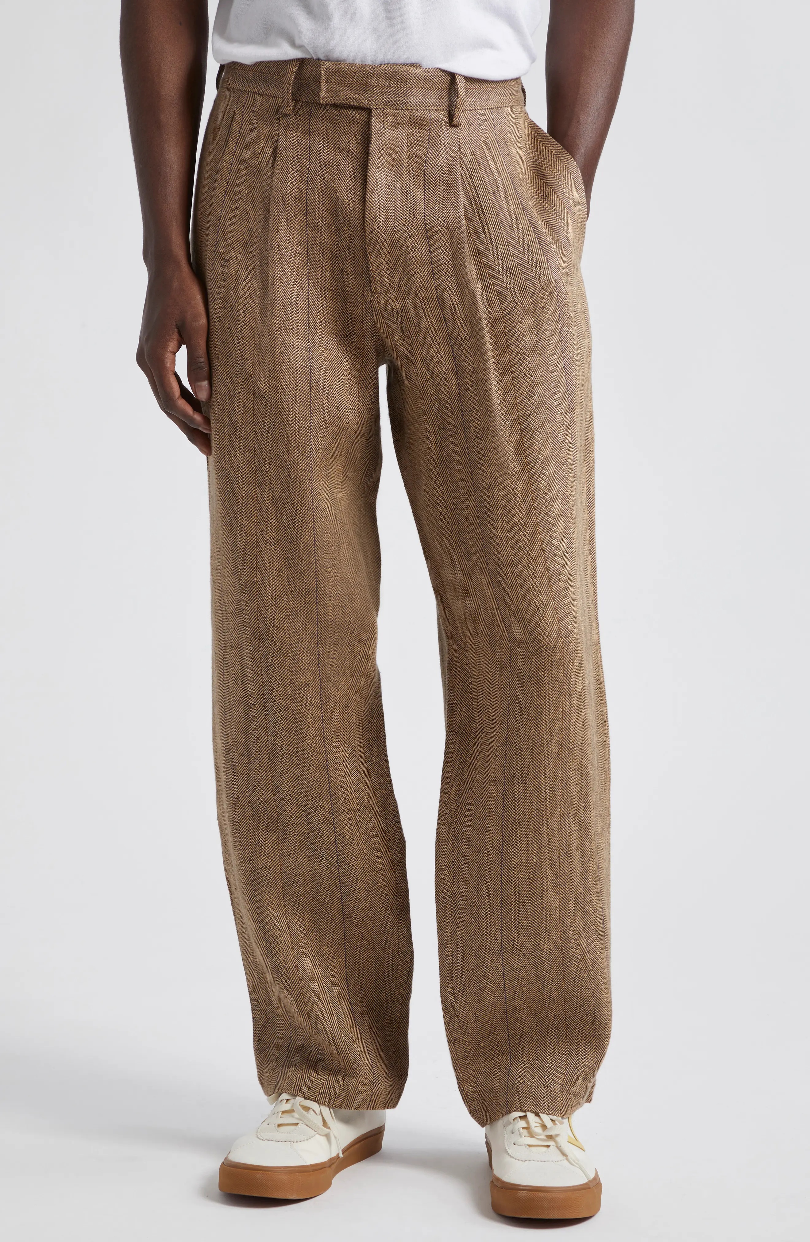 Double Pleat Linen Herringbone Pants in Tan/Brown Herringbone - 1